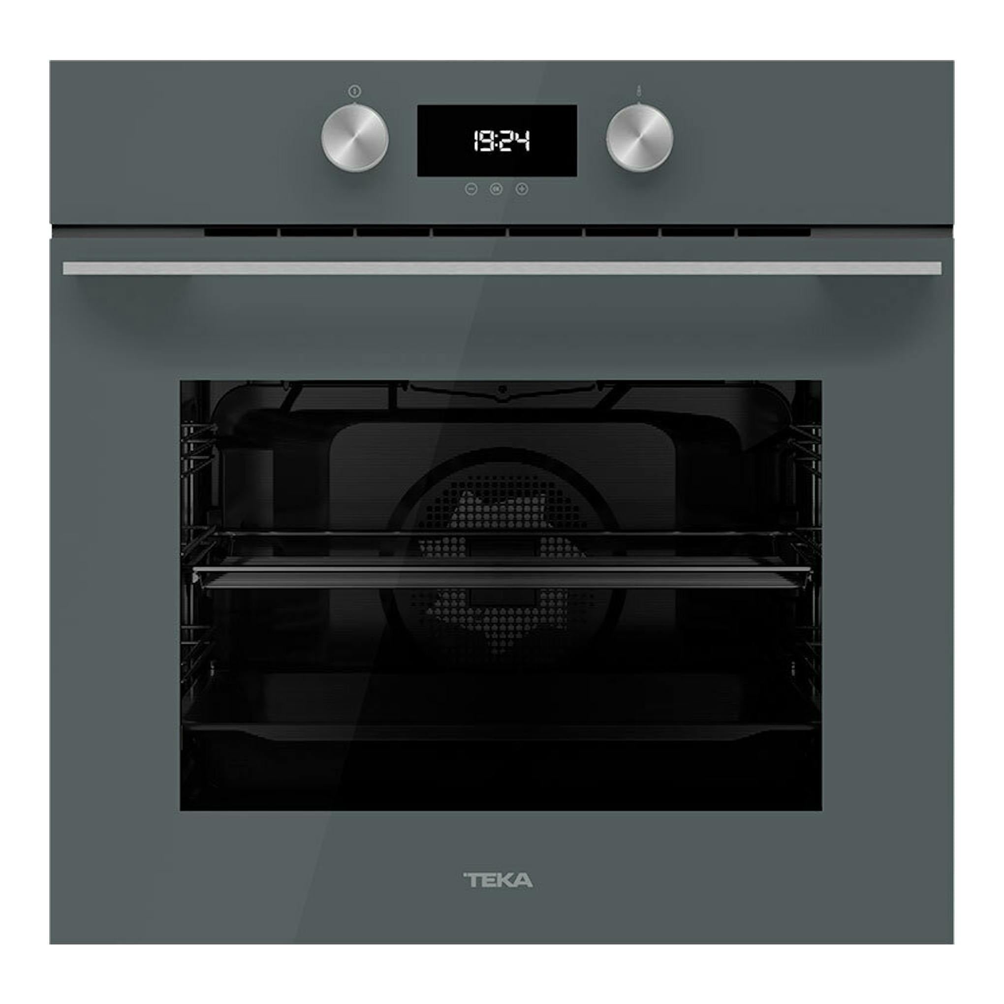 Horno Teka HLB8400P Stone Grey, vista frontal, gris oscuro, panel digital y dos mandos plateados.