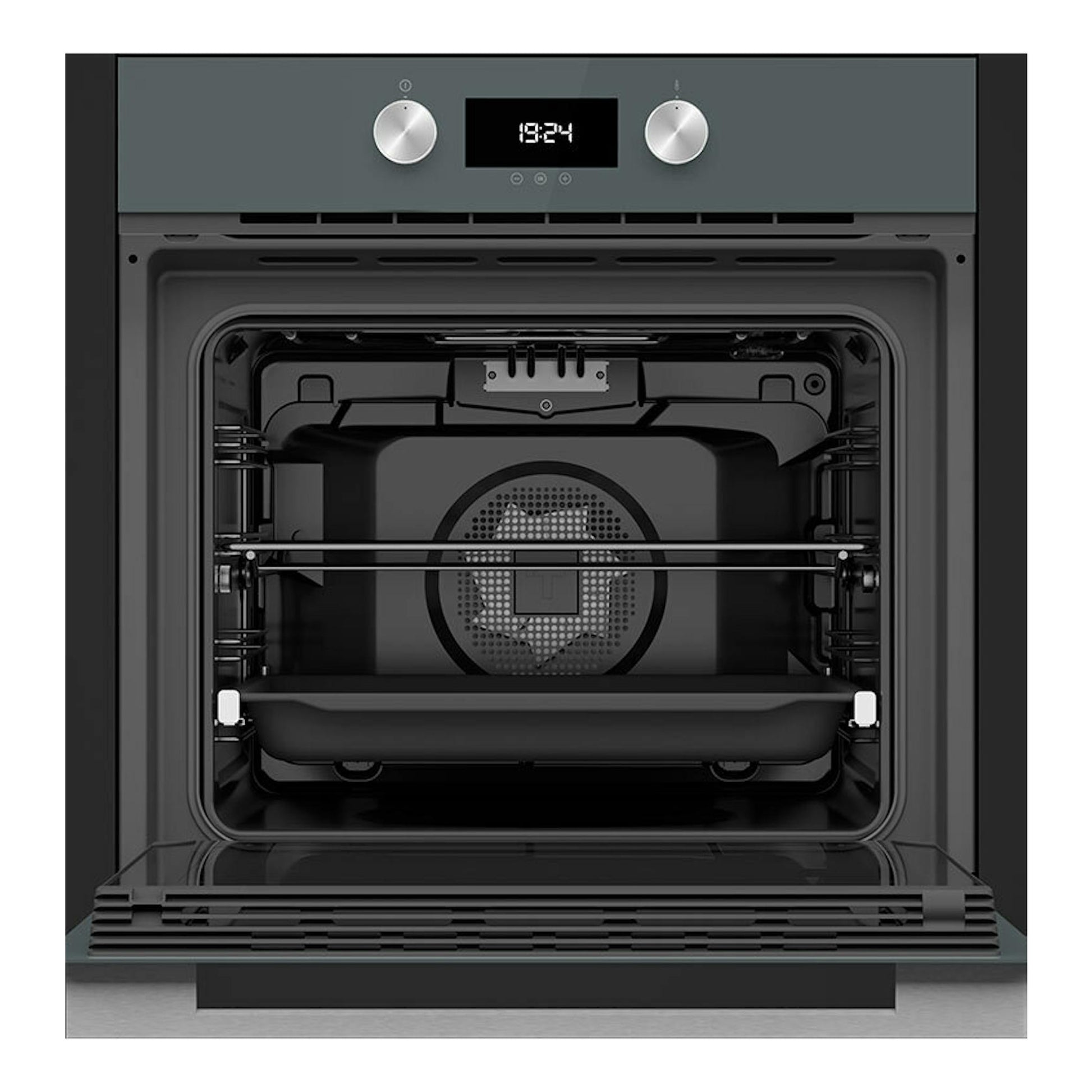 Horno Teka HLB8400P Stone Grey empotrado, puerta abatida e interior visible, vista frontal.