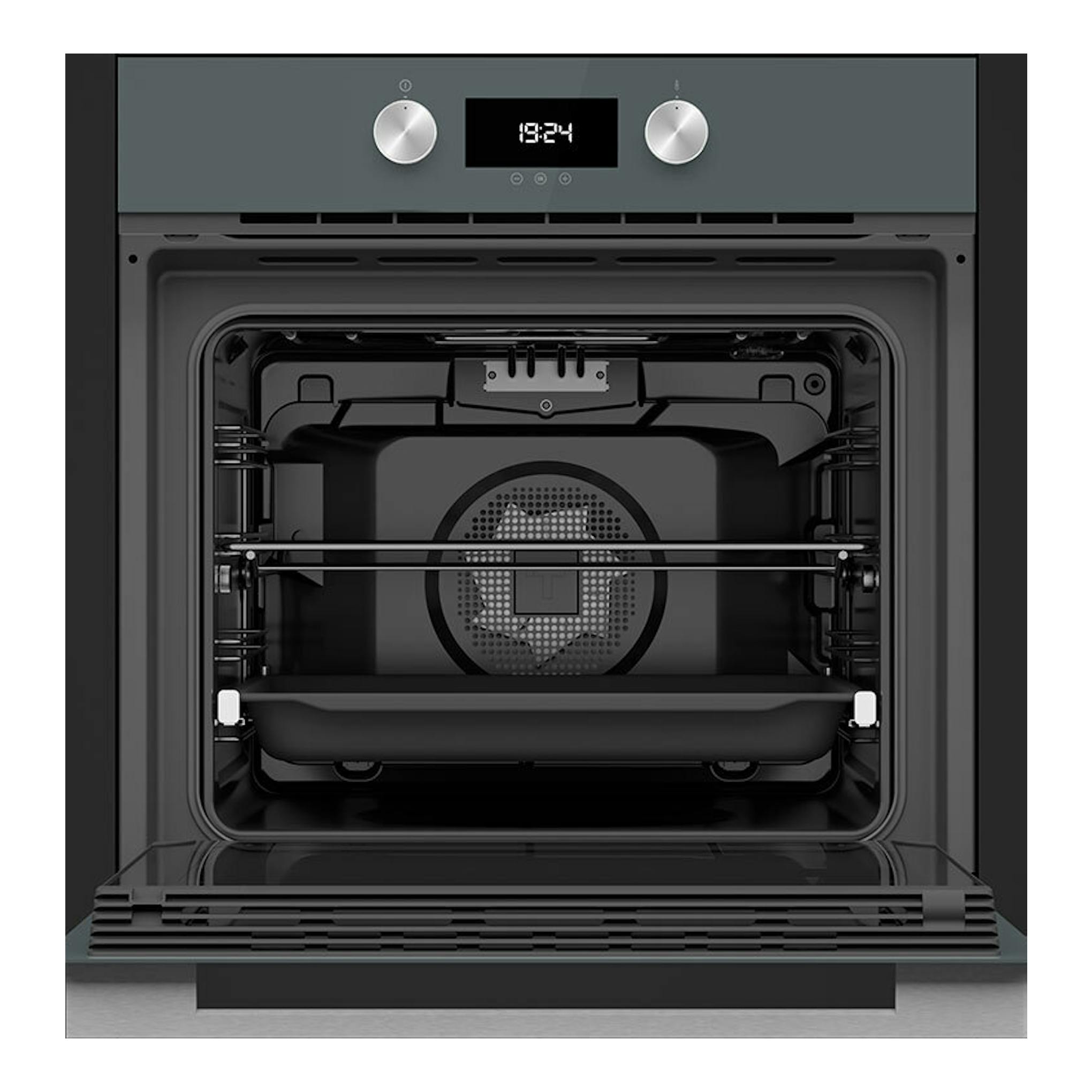 Horno Teka HLB8400P Stone Grey empotrado, puerta abatida e interior visible, vista frontal.