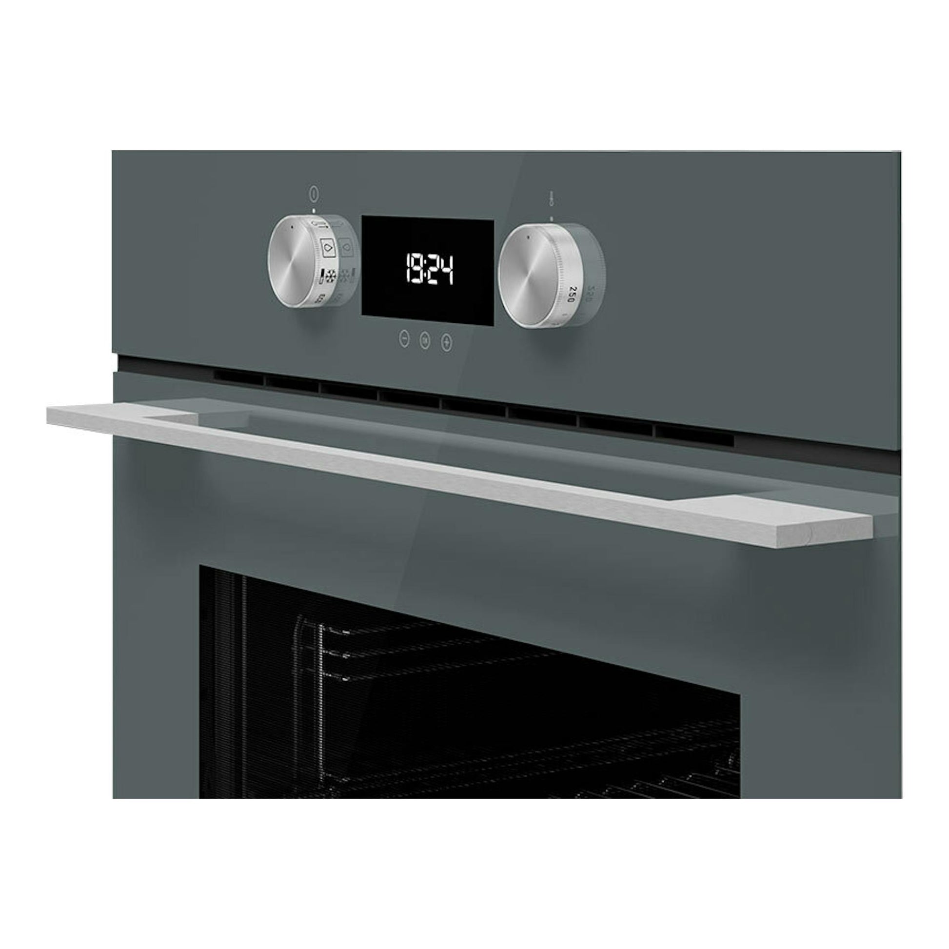 Horno Teka HLB8400P Stone Grey, vista frontal, color gris oscuro, con puerta abatible abierta y mandos plateados.