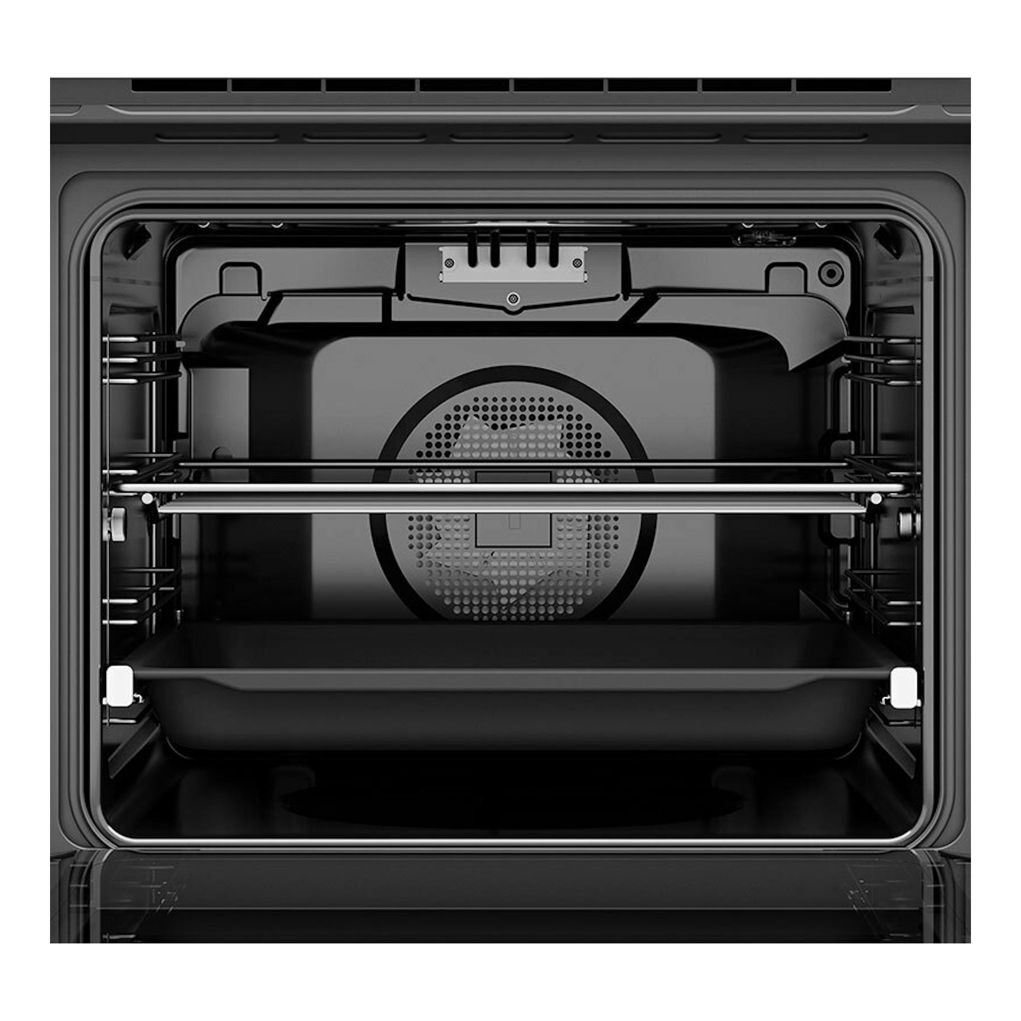 Interior de horno Teka HLB8400P Stone Grey, vista frontal, cavidad negra con ventilador circular.