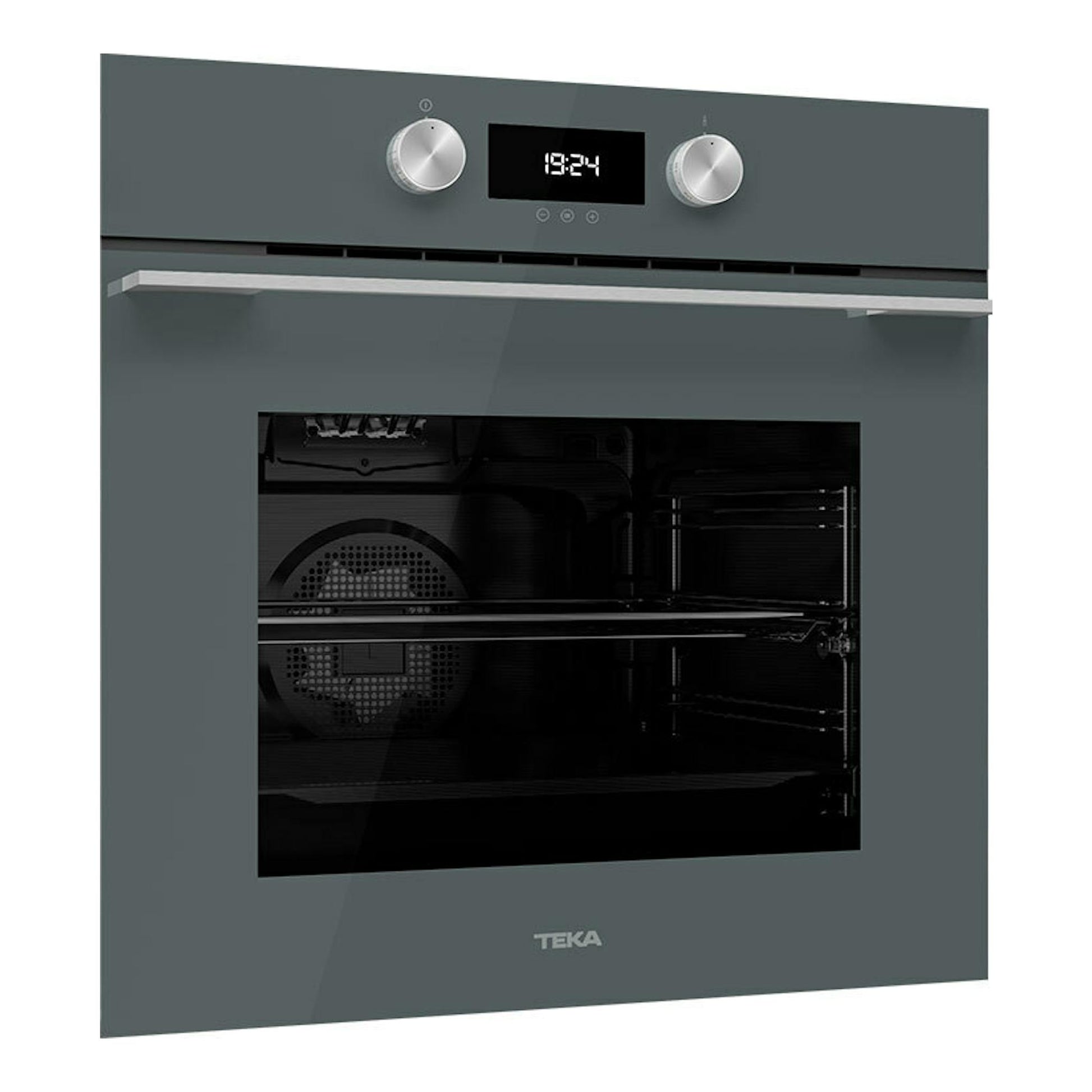 Horno empotrable Teka HLB8400P Stone Grey, vista frontal, gris piedra, dos mandos y puerta de cristal negro.