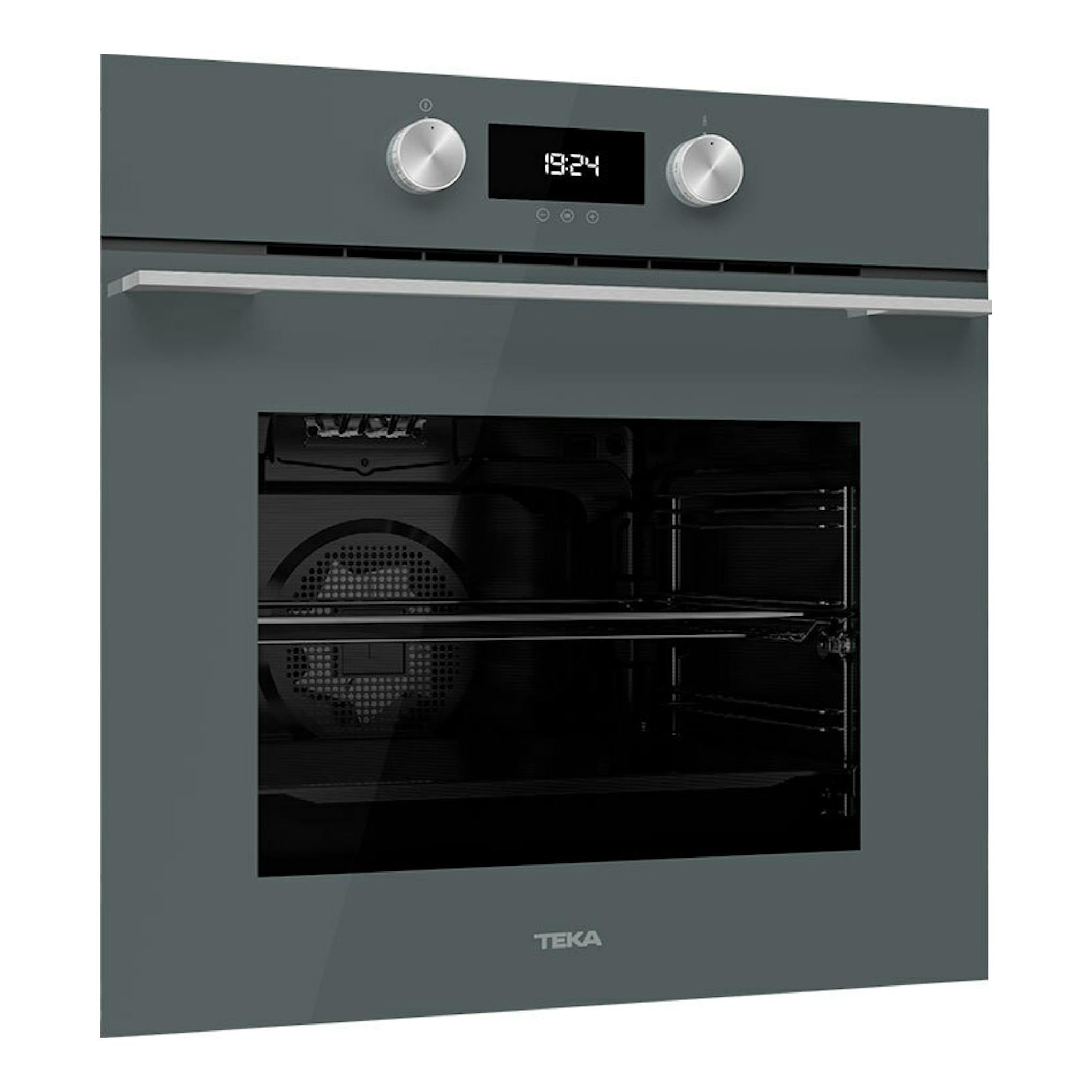 Horno empotrable Teka HLB8400P Stone Grey, vista frontal, gris piedra, dos mandos y puerta de cristal negro.