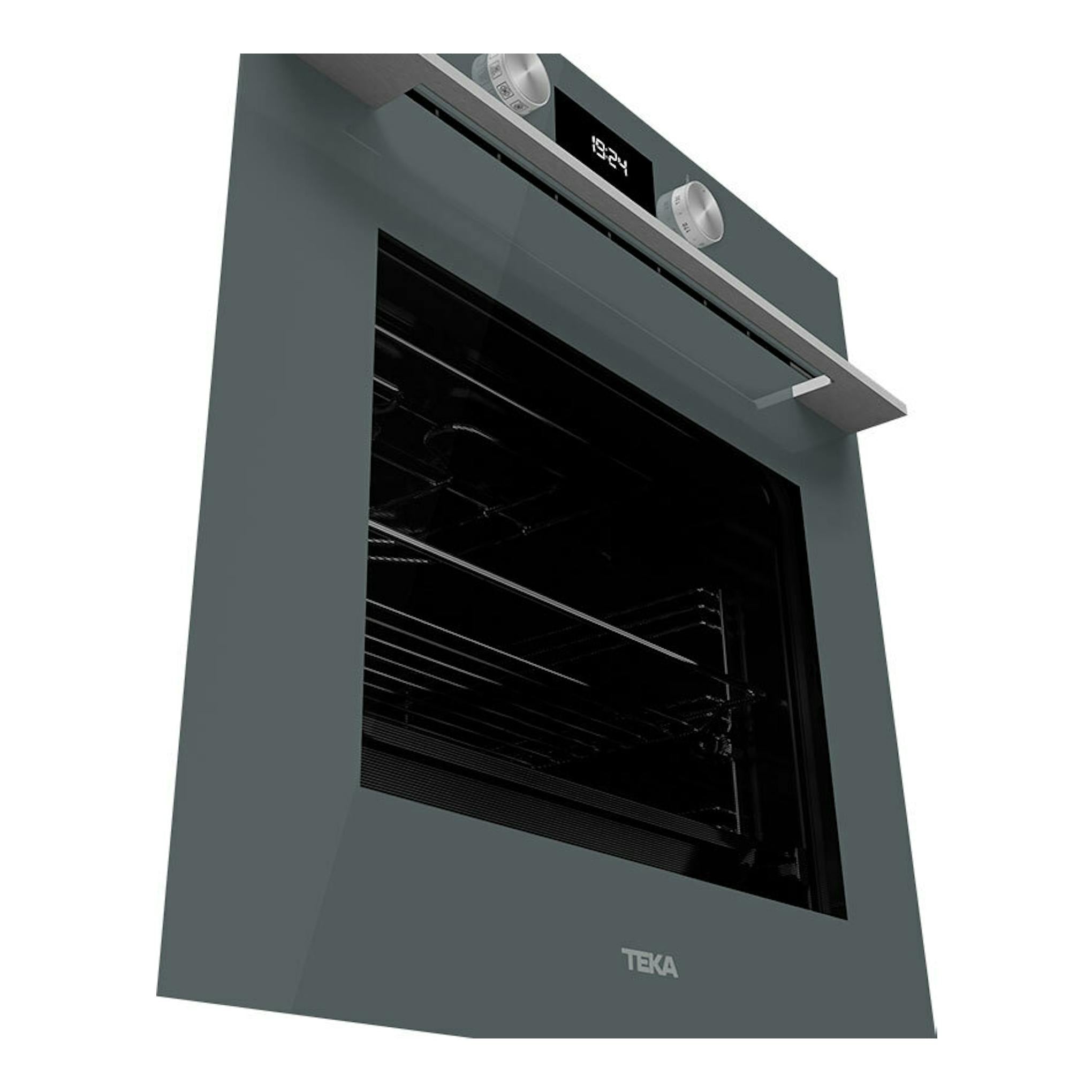 Horno empotrable Teka HLB8400P Stone Grey, vista frontal en ángulo, acabado gris oscuro y puerta de vidrio negro.