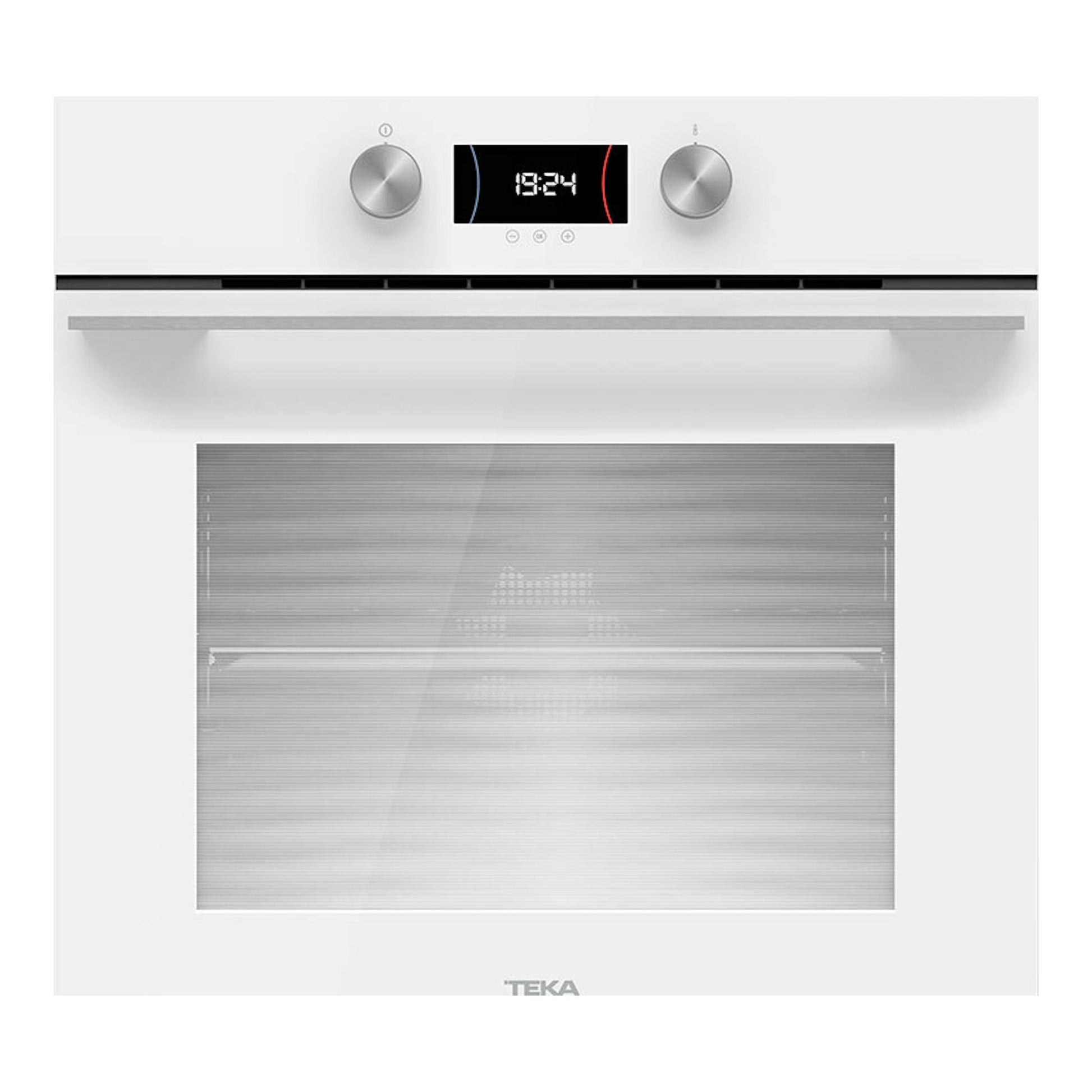 Horno empotrable Teka HLB8400P WH blanco, vista frontal, con pantalla y dos mandos plateados.