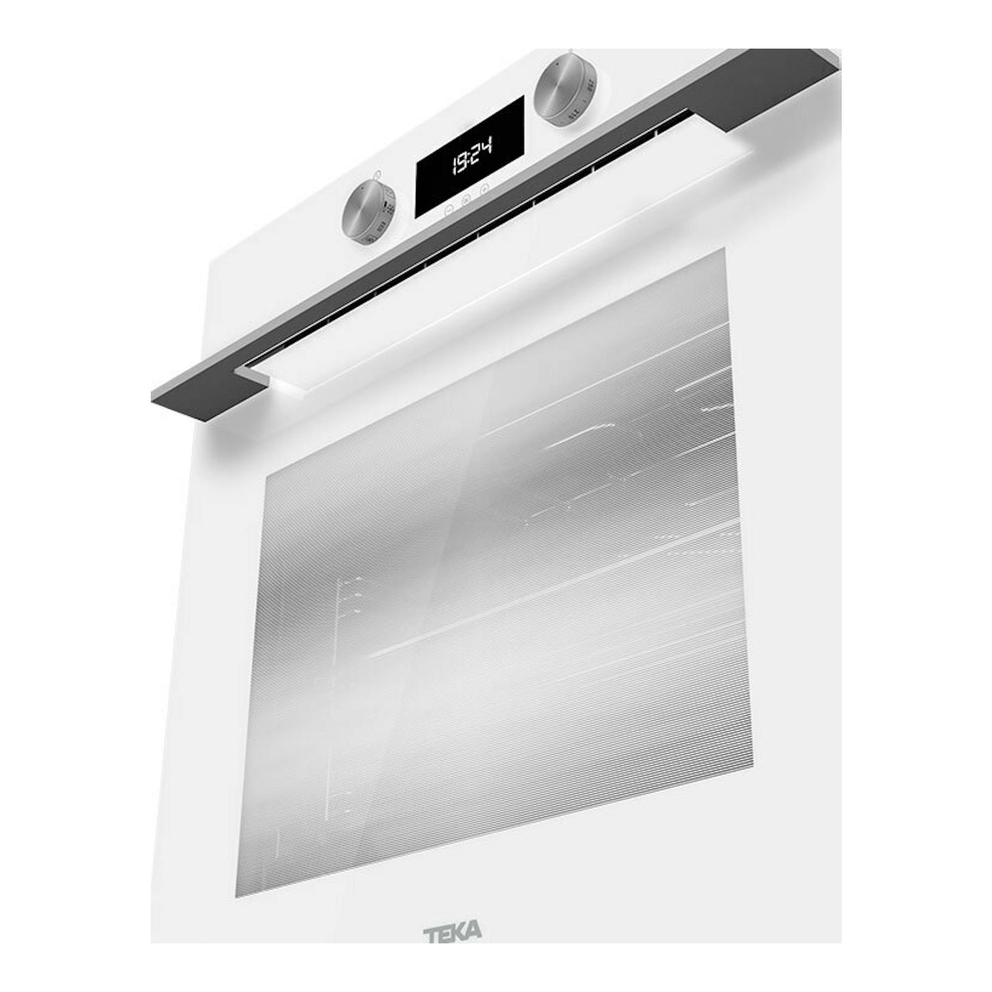Horno Teka HLB8400P WH blanco, vista frontal en ángulo, con puerta de cristal y panel digital superior.