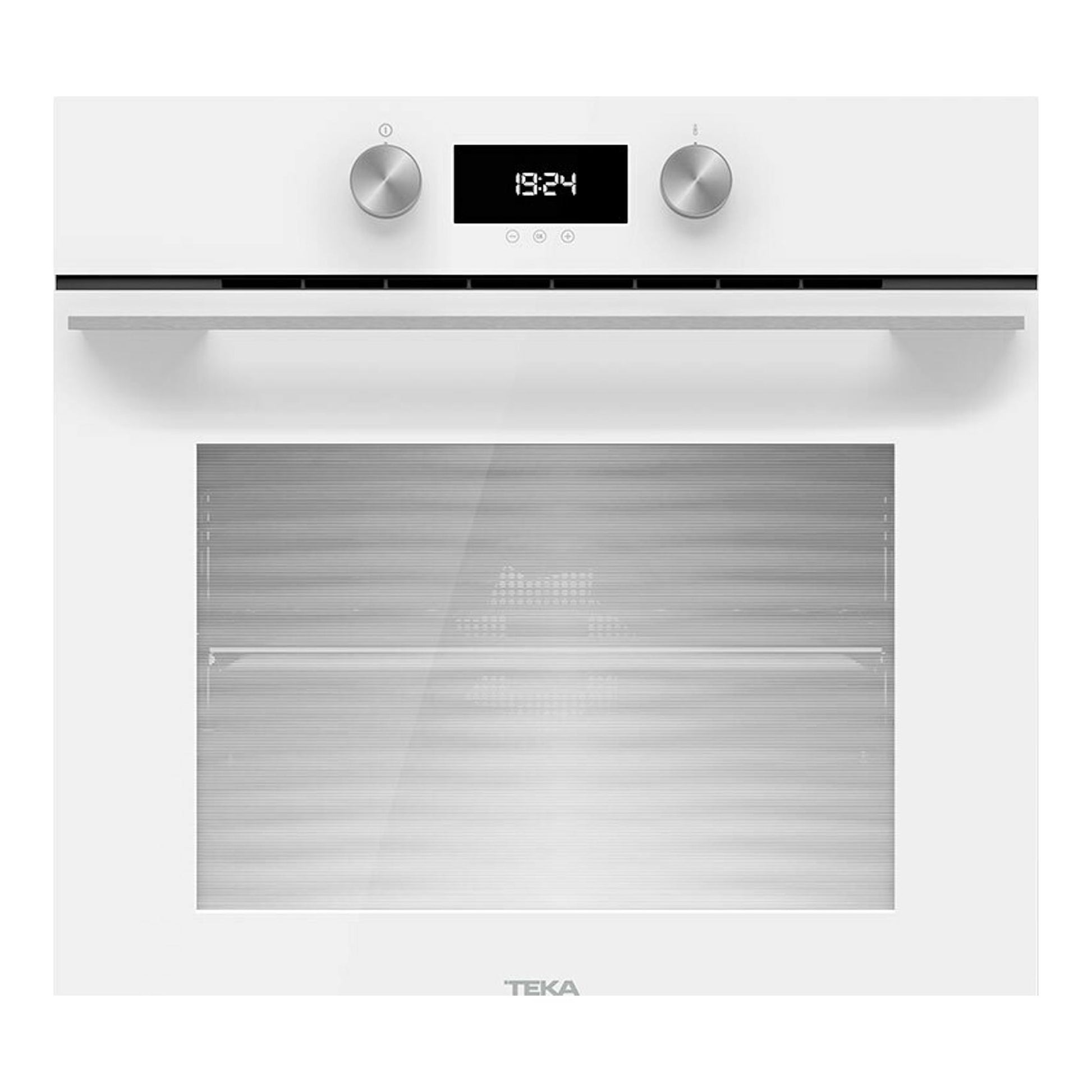 Horno empotrable Teka HLB8400P WH blanco, vista frontal, con dos mandos, pantalla digital y puerta de vidrio.