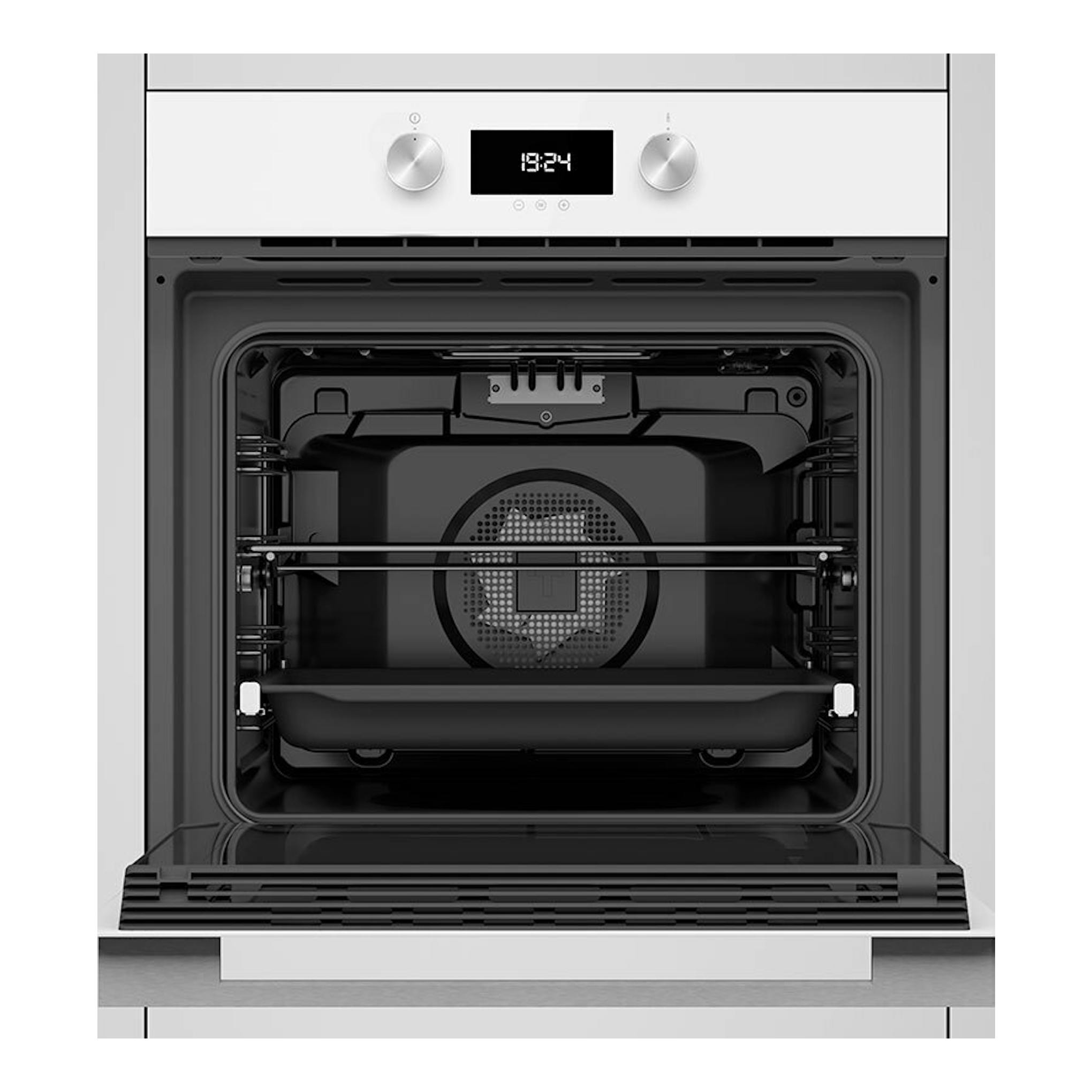 TEKA HLB8400P WH horno blanco empotrable, puerta abatible abierta, interior negro con pantalla y dos mandos.