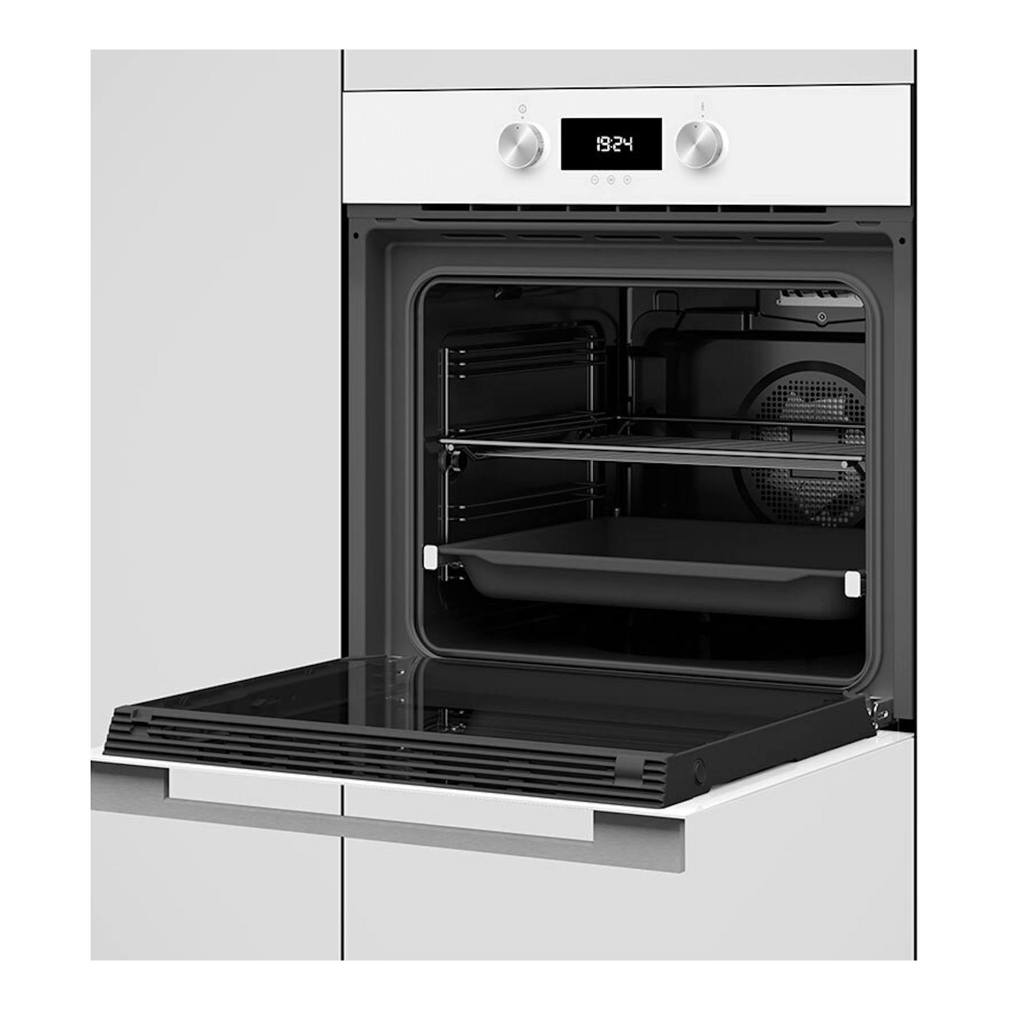 Horno Teka HLB8400P WH blanco, vista frontal con la puerta abatible abierta y el interior visible.