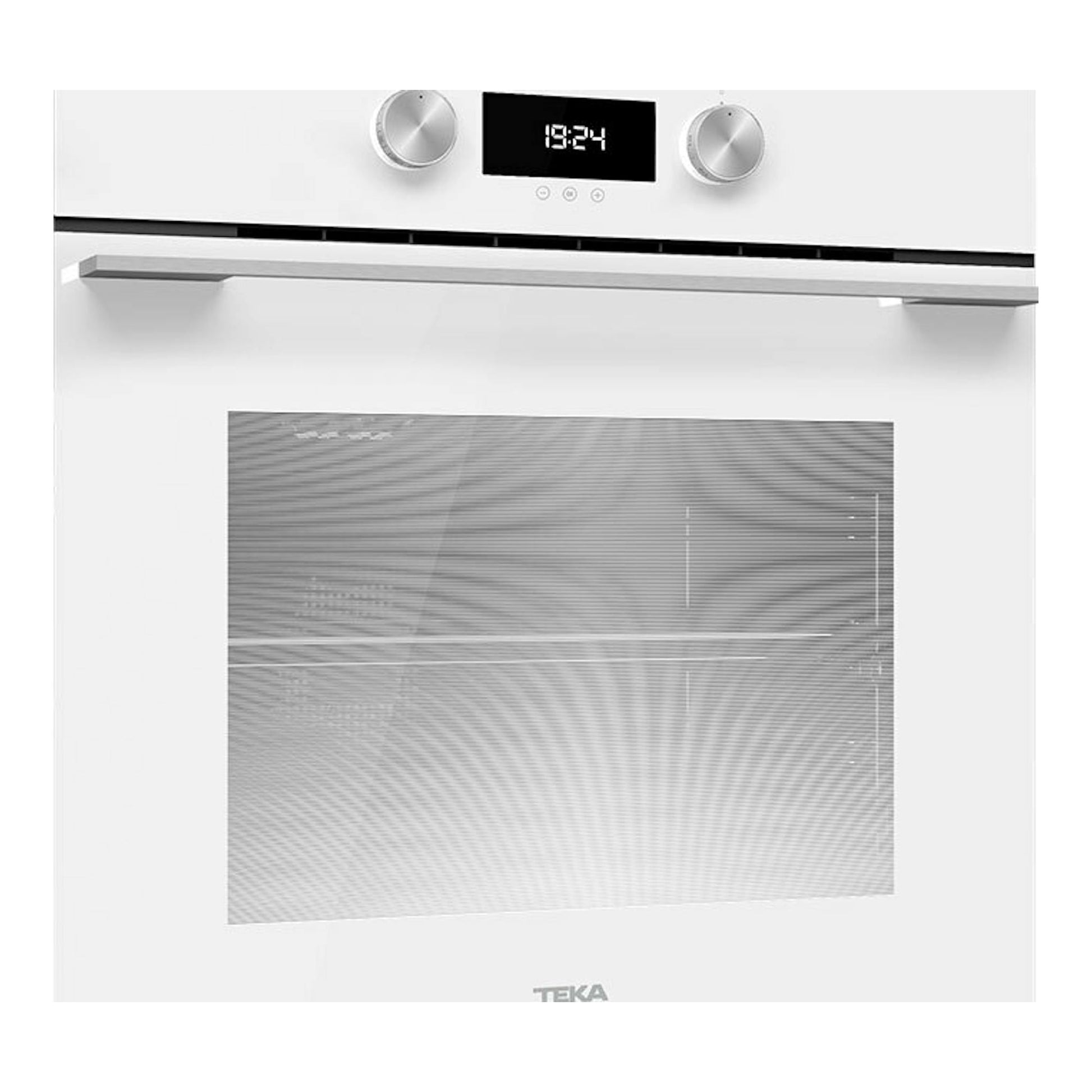 Horno Teka HLB8400P WH blanco, vista frontal, con dos mandos y display digital.