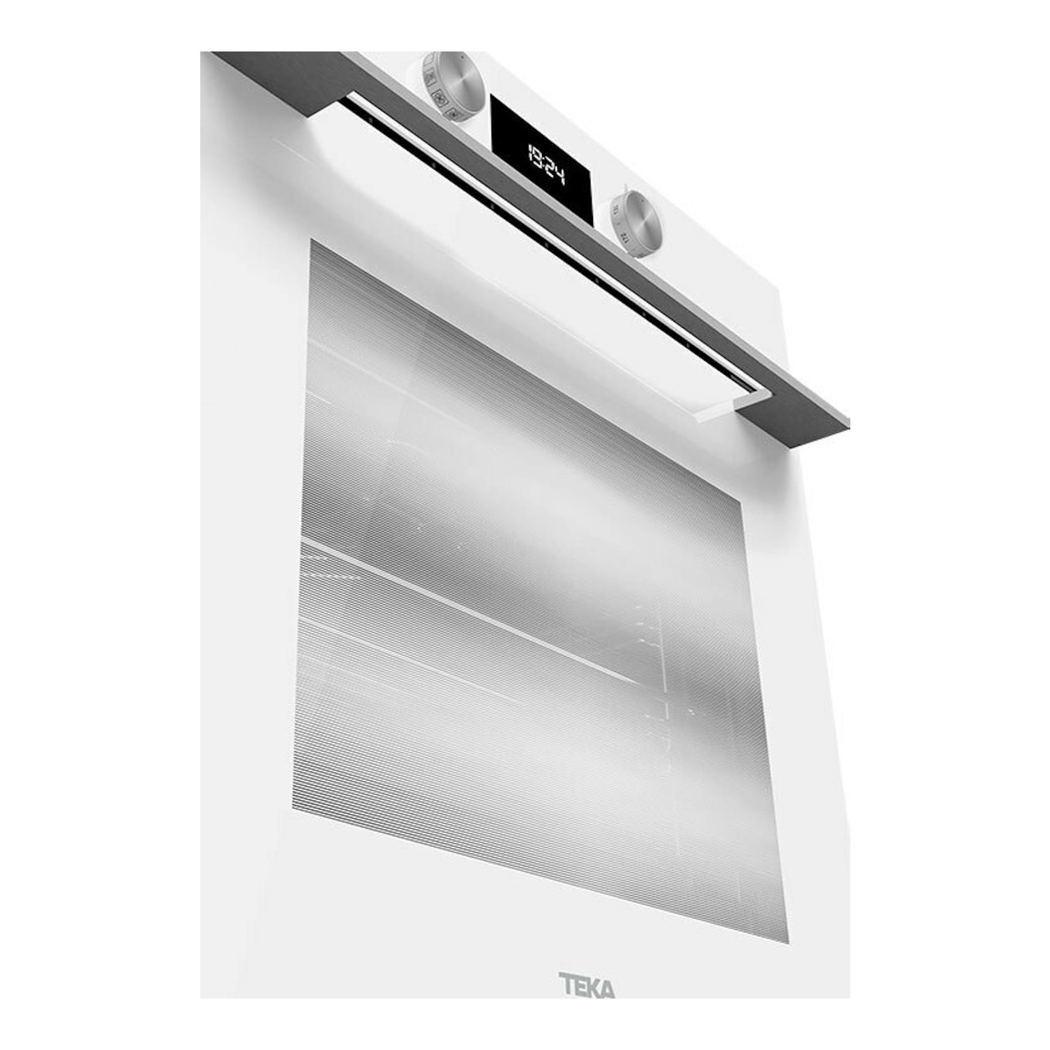 Horno Teka HLB8400P WH blanco, vista frontal en ángulo, con puerta de cristal y panel digital.