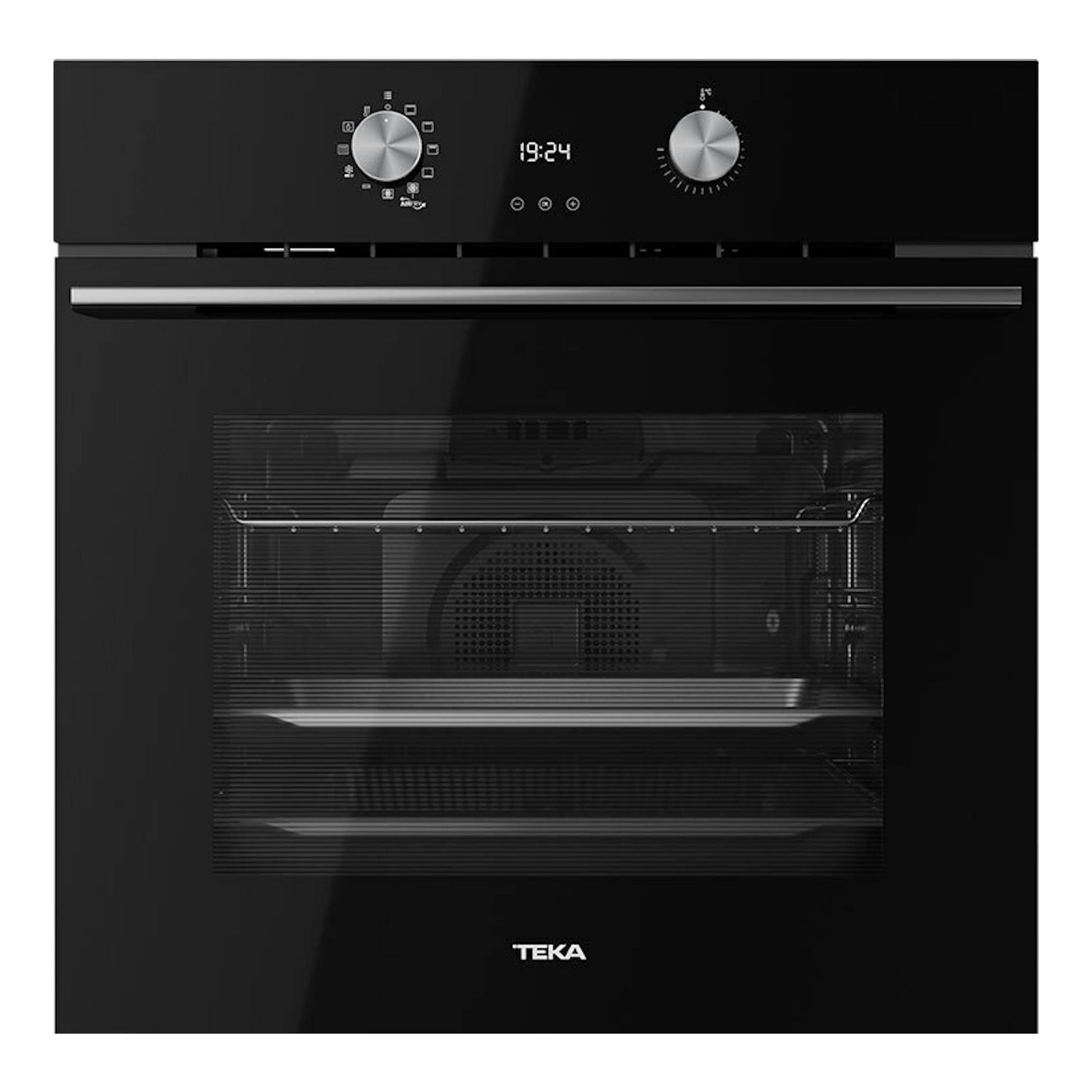 Horno Teka HLB8406P Inox, vista frontal, negro con panel digital y dos mandos plateados.