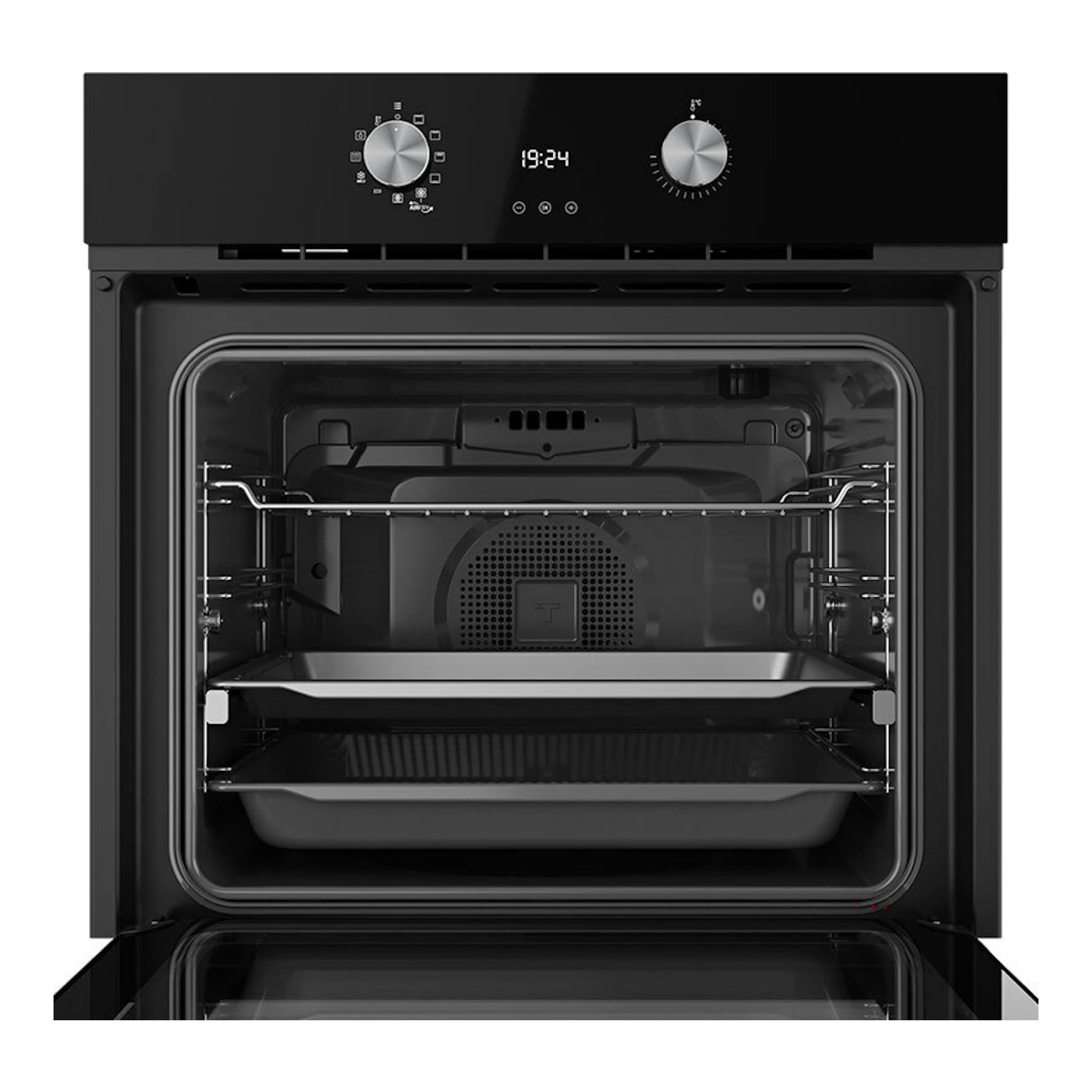 Horno Teka HLB8406P Inox, vista frontal, panel negro con dos mandos y puerta abierta, interior metálico.
