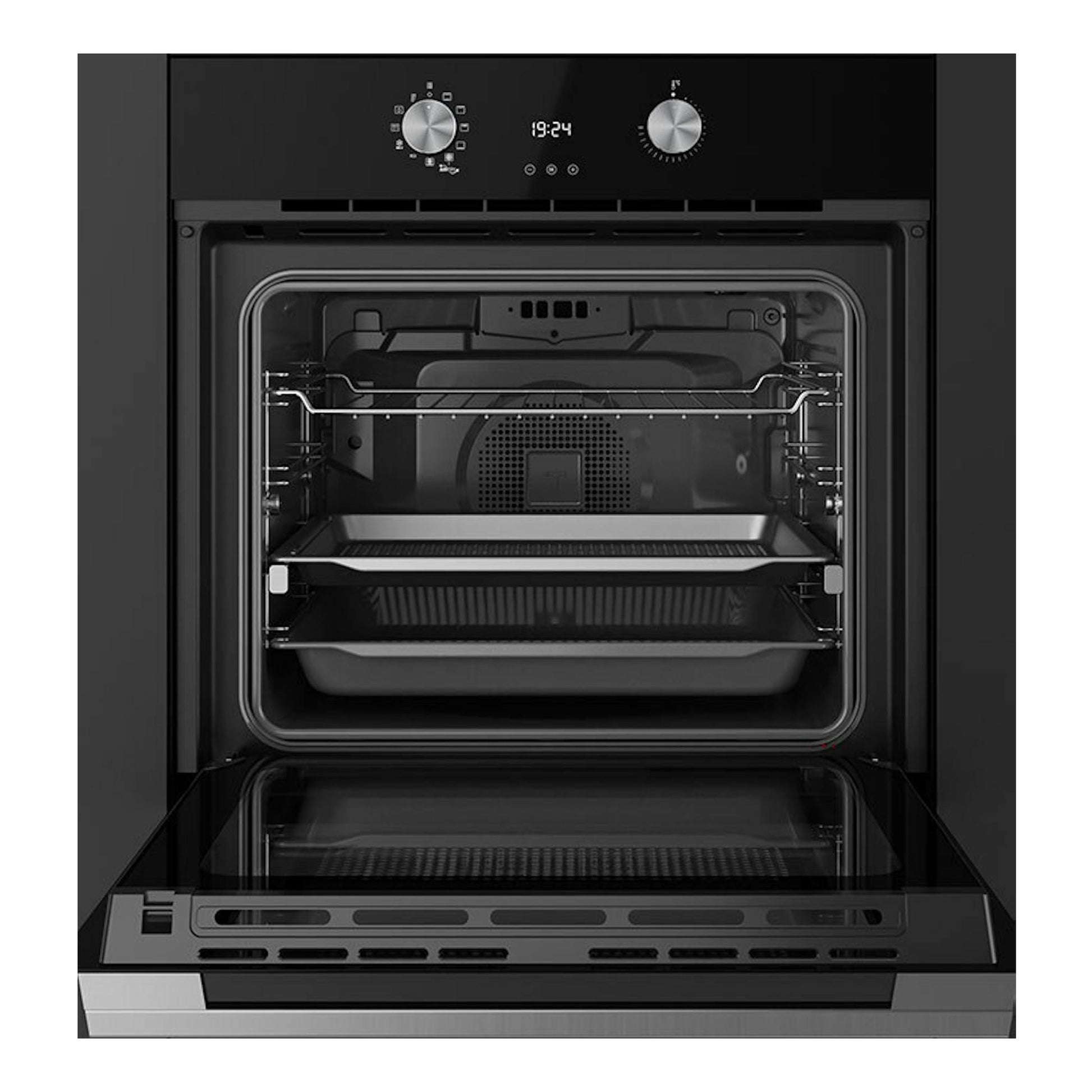 Horno Teka HLB8406P Inox empotrado, puerta abatible abierta, interior negro con dos bandejas y mandos frontales.