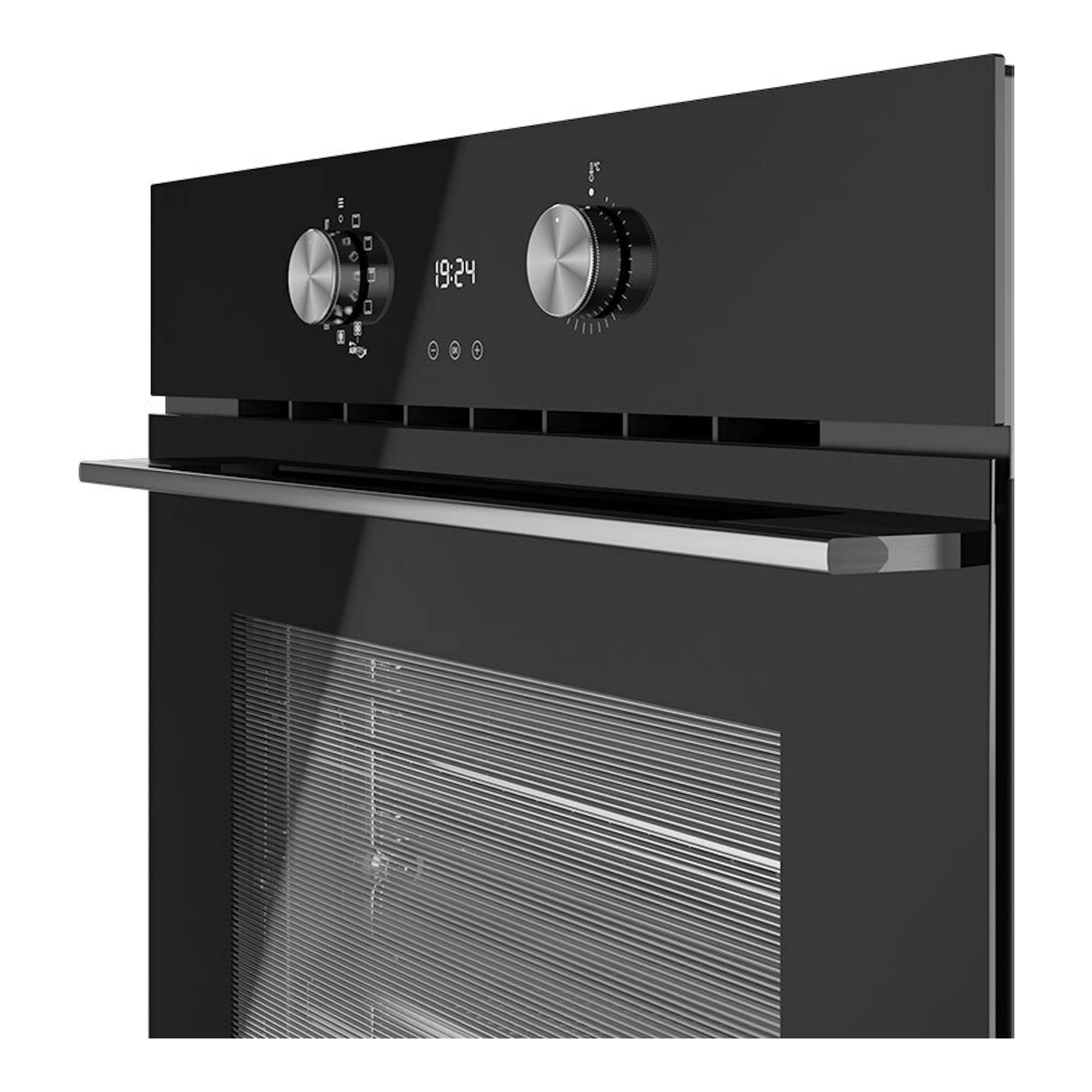 Horno Teka HLB8406P Inox negro, vista frontal en ángulo, con dos mandos plateados y display digital.