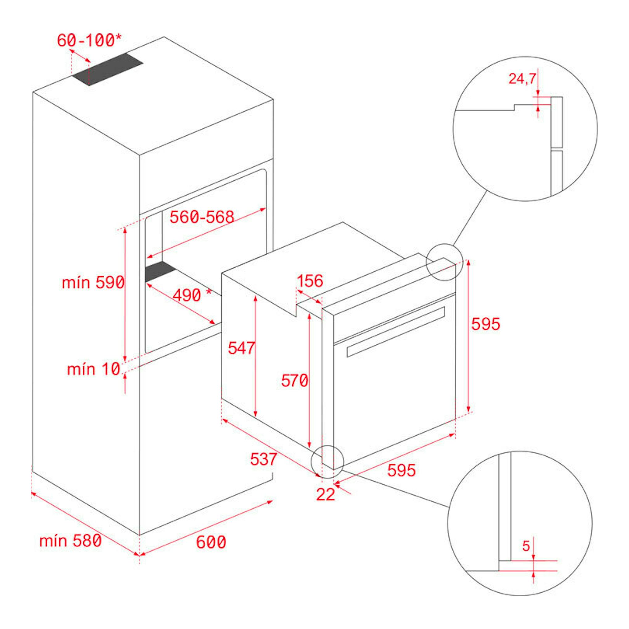 Esquema técnico del horno Teka HLB8408S en cristal negro, vista isométrica con medidas de encastre.