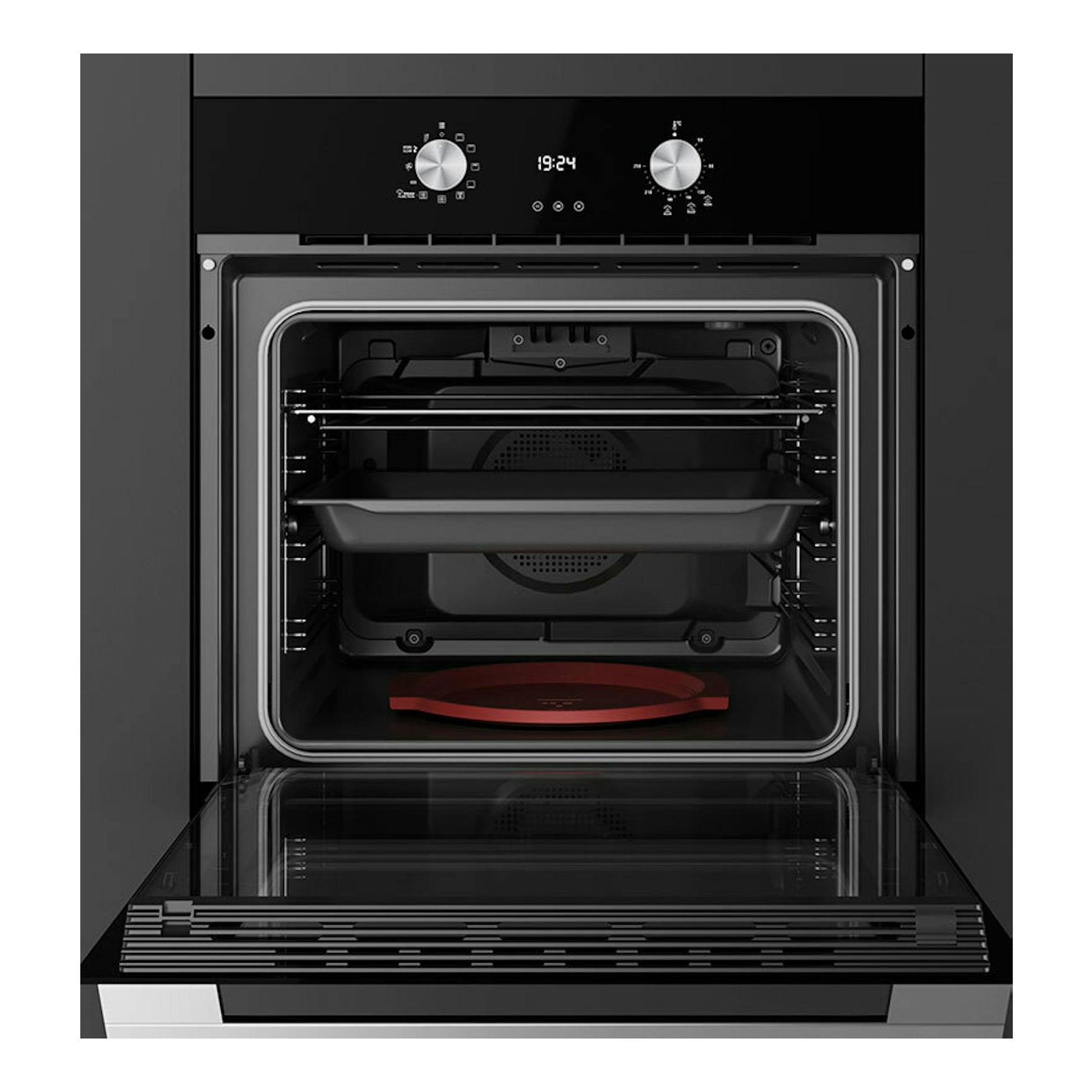 Horno Teka HLB8408S de cristal negro, vista frontal con puerta abatible abierta y dos mandos plateados.