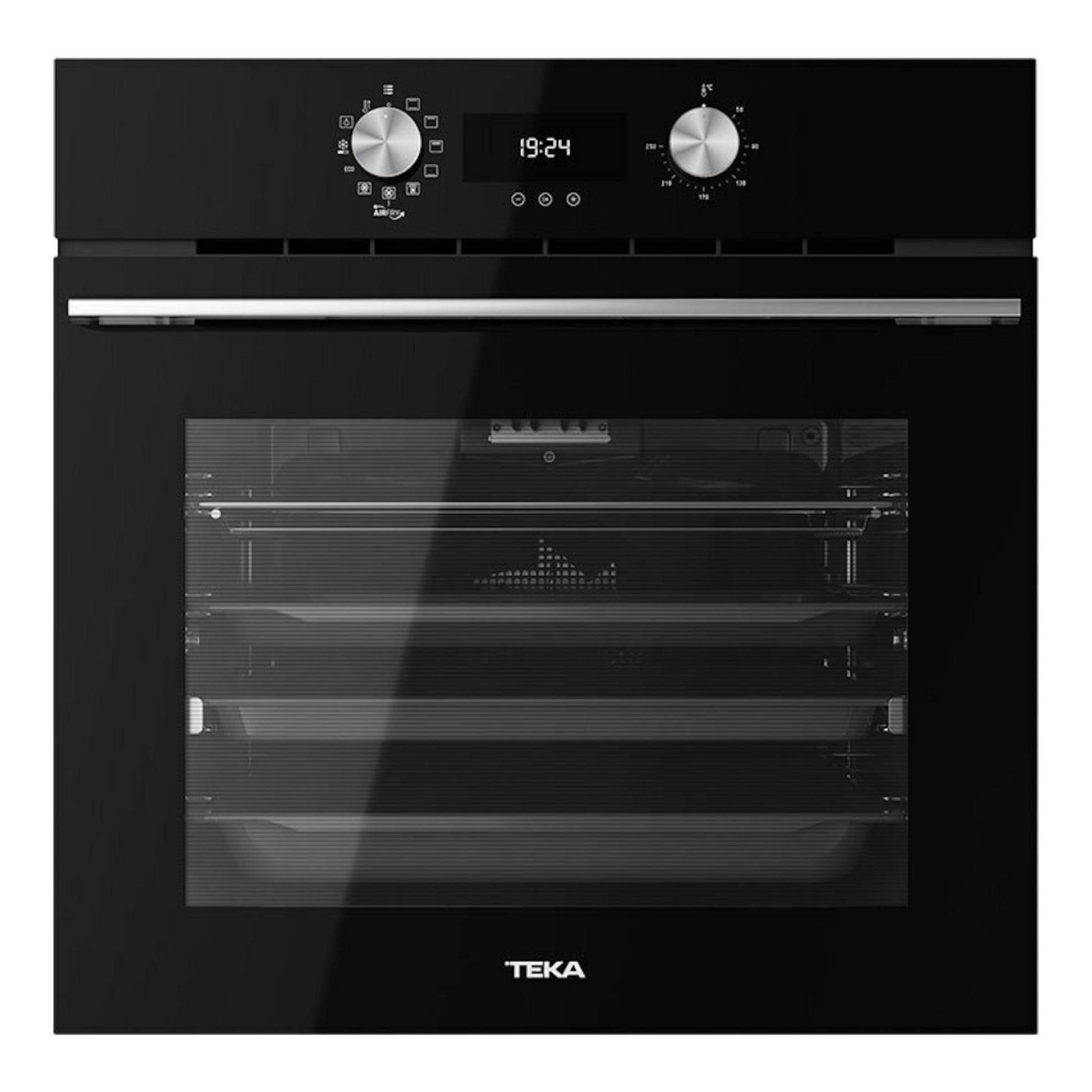 Horno empotrable Teka HLB8416BK, vista frontal, cristal negro, con dos mandos y pantalla digital.