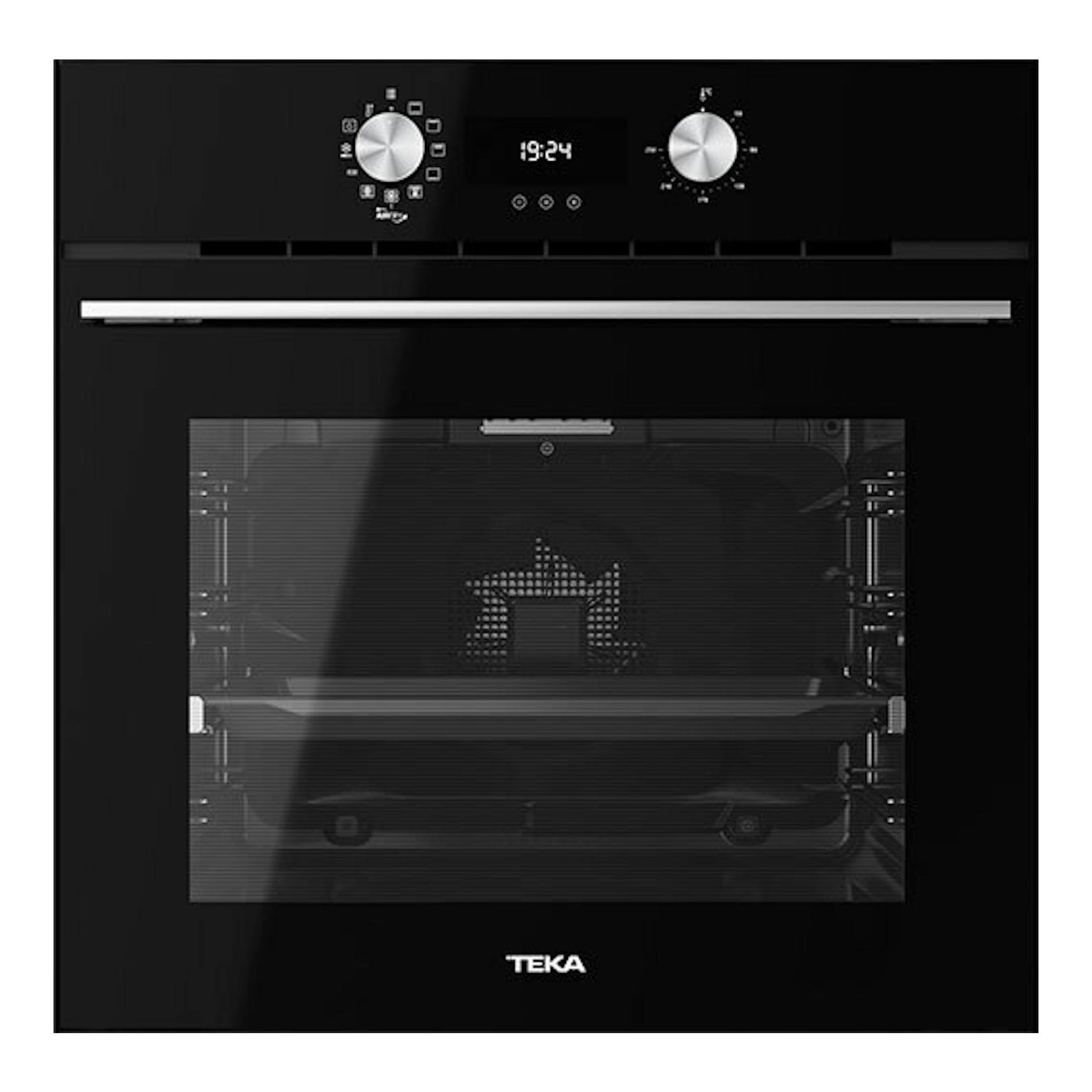 Horno Teka HLB8416BK de cristal negro, vista frontal, con puerta de vidrio y mandos plateados.