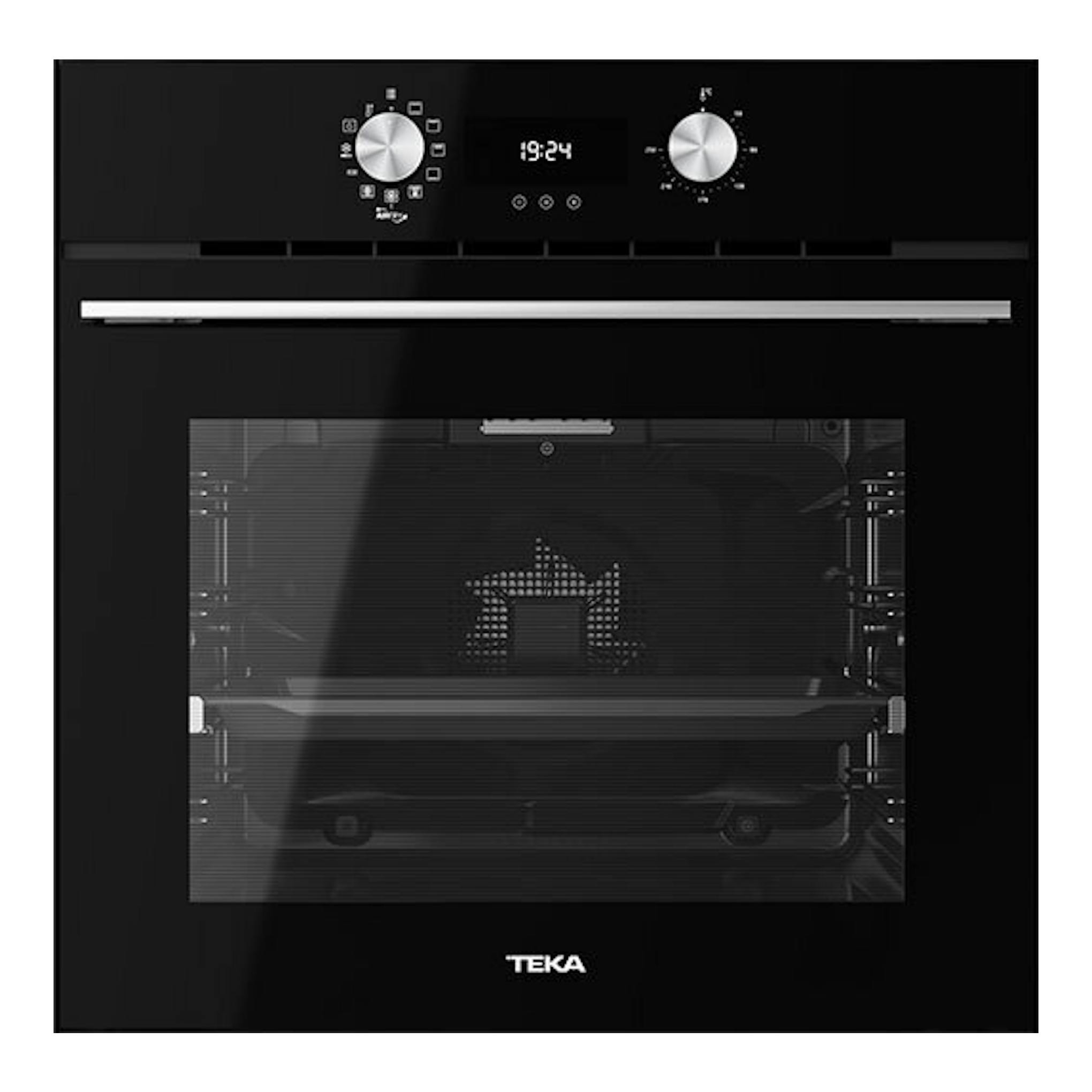 Horno Teka HLB8416BK de cristal negro, vista frontal, con puerta de vidrio y mandos plateados.