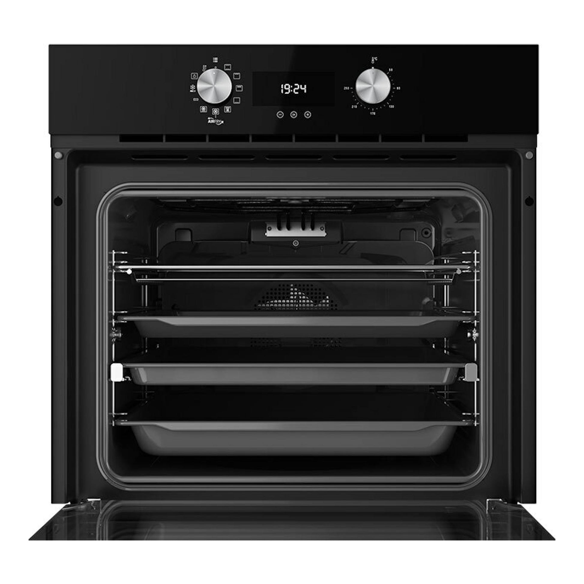 Horno Teka HLB8416BK de cristal negro, vista frontal con puerta abierta, mandos y display digital.