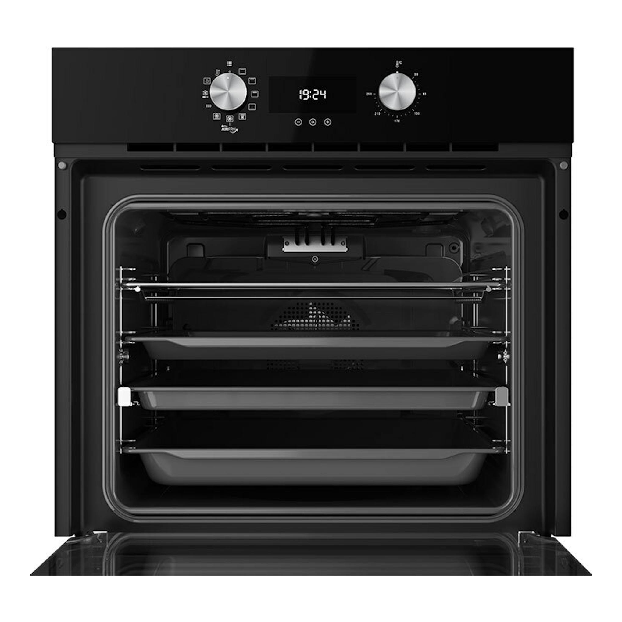 Horno Teka HLB8416BK de cristal negro, vista frontal con puerta abierta, mandos y display digital.