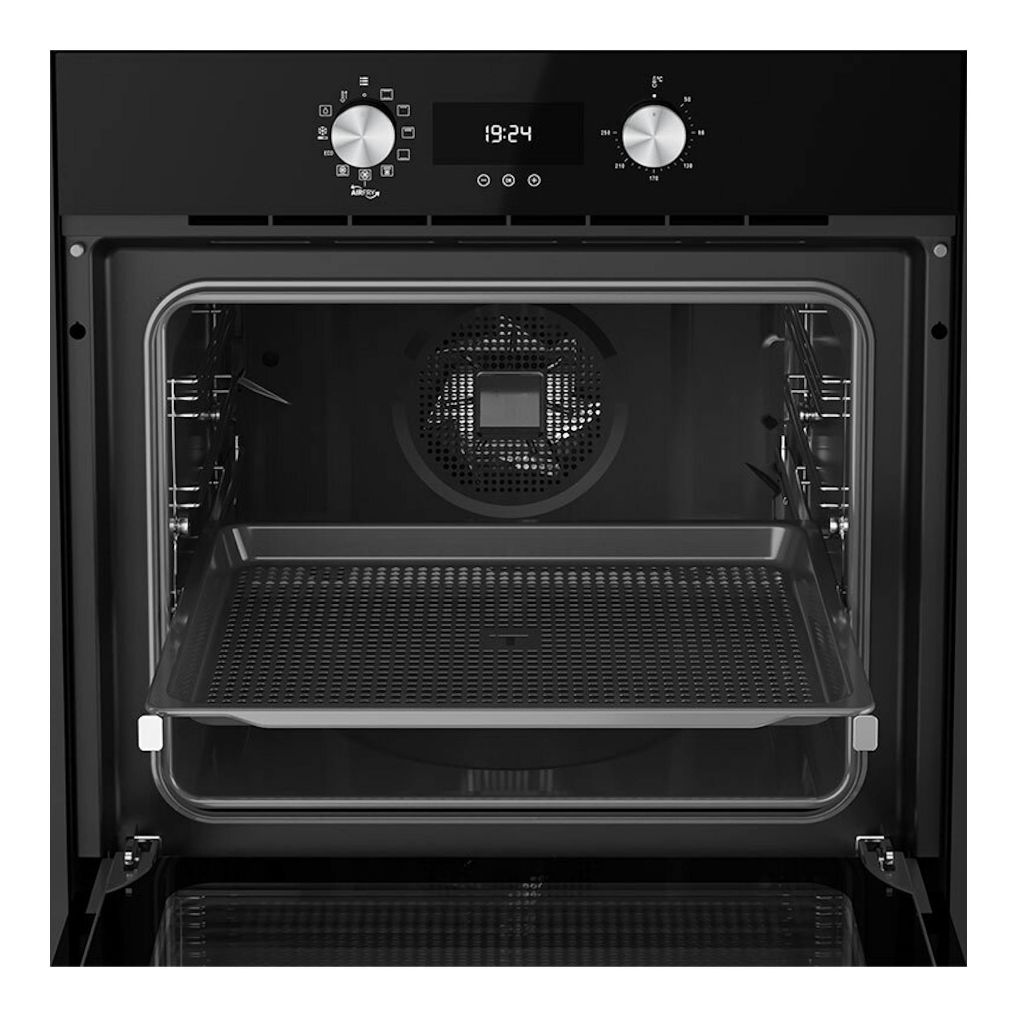 Horno Teka HLB8416BK de cristal negro, puerta abierta, interior visible con bandeja y panel de control digital.
