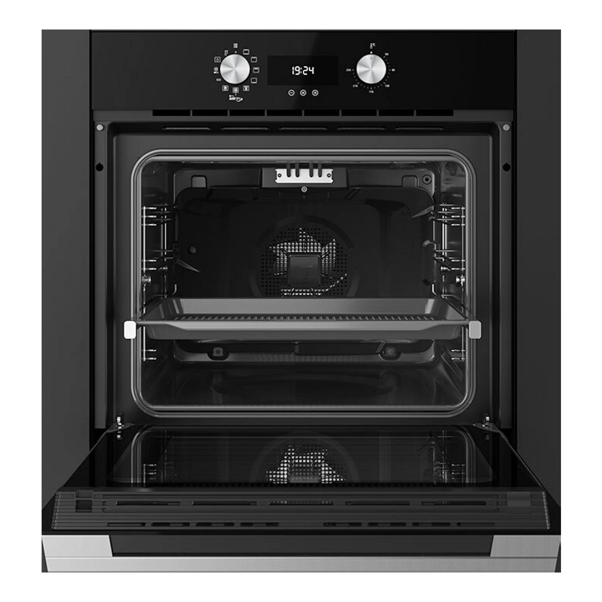 Horno Teka HLB8416BK de cristal negro, vista frontal con puerta abatible abierta y panel digital con dos mandos.