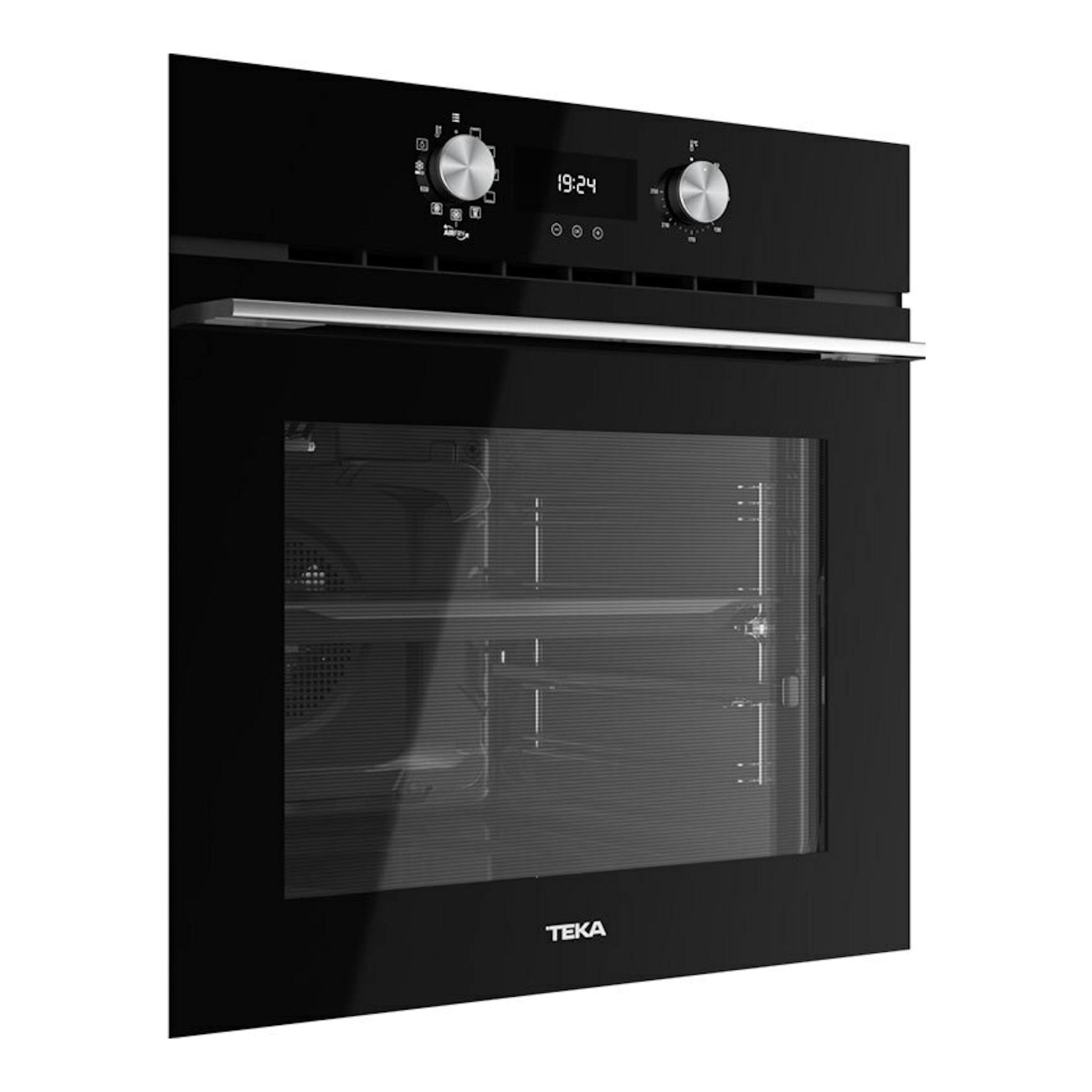 Horno Teka HLB8416BK de cristal negro, vista frontal, con dos mandos, display digital y puerta de vidrio.