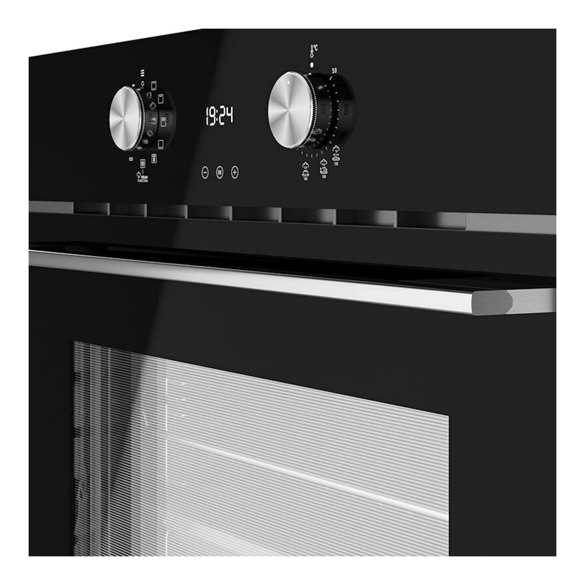 Horno Teka HLB8418P S de cristal negro, vista frontal parcial con mandos plateados y display digital.