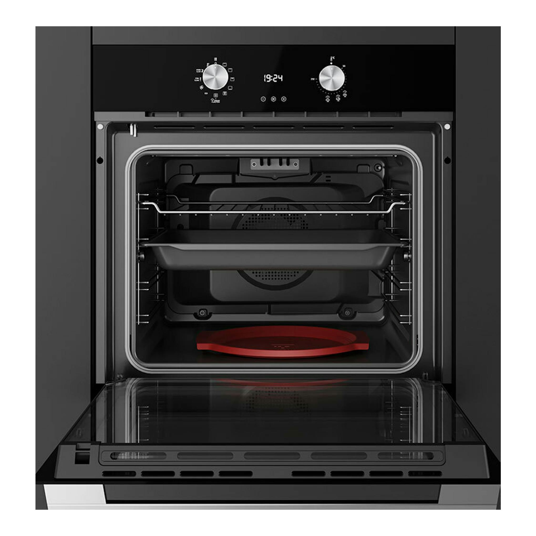 Horno Teka HLB8418P S de cristal negro, vista frontal con puerta abatible abierta e interior visible.