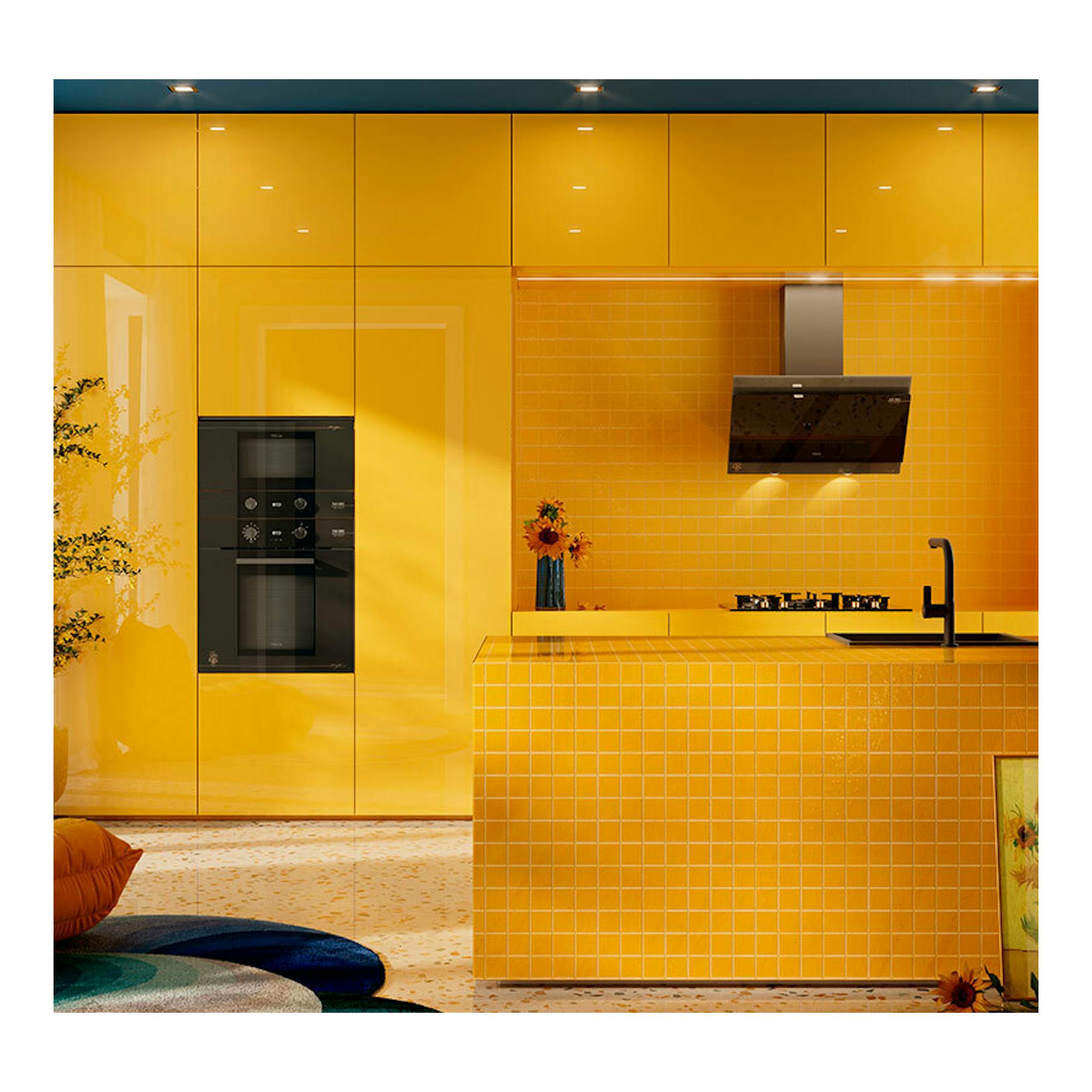 Horno empotrado Teka HLB84VGOGH de cristal gris y negro, vista frontal en cocina amarilla.