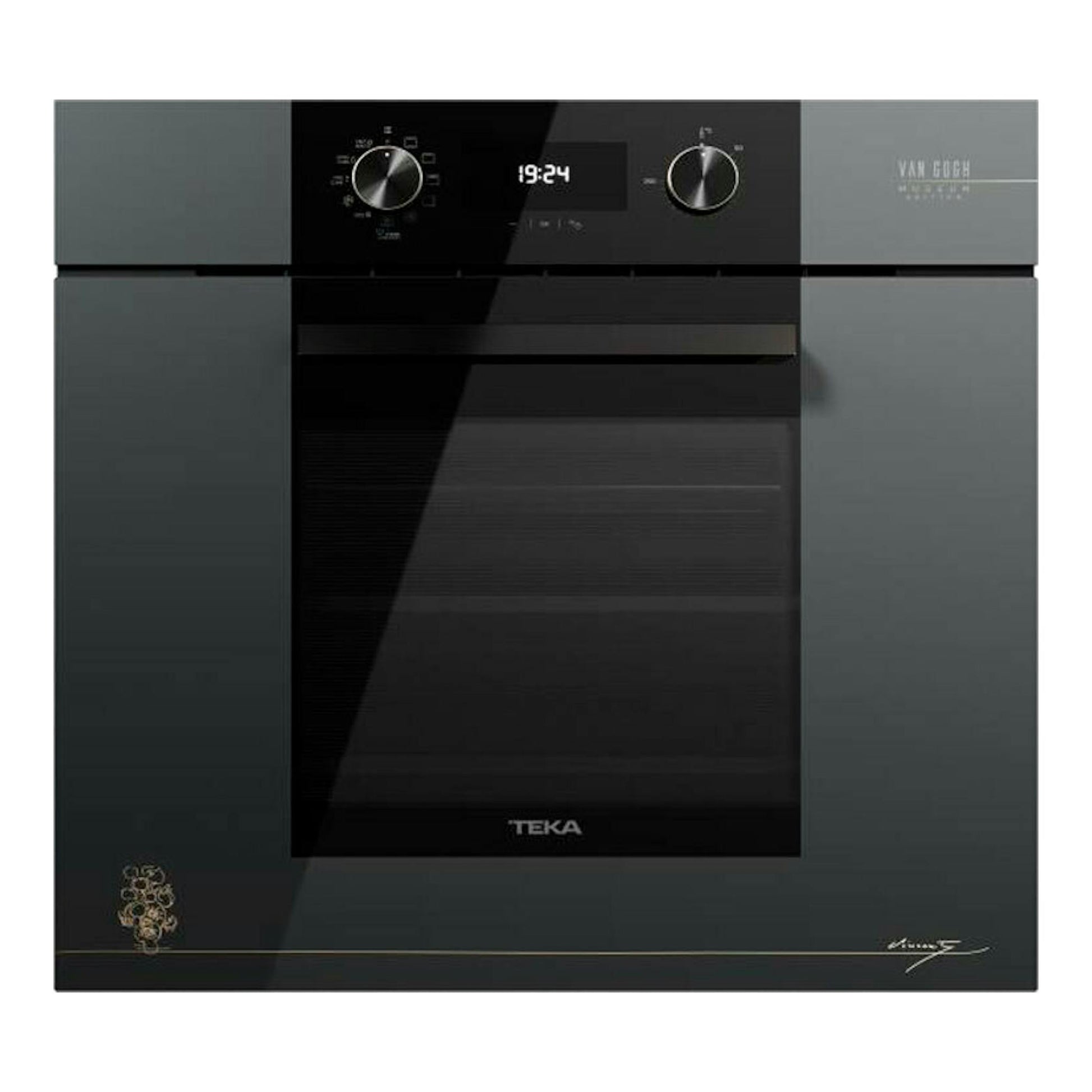 Horno Teka HLB84VGOGH P en vista frontal, cristal negro y panel gris, con dos mandos y display central.