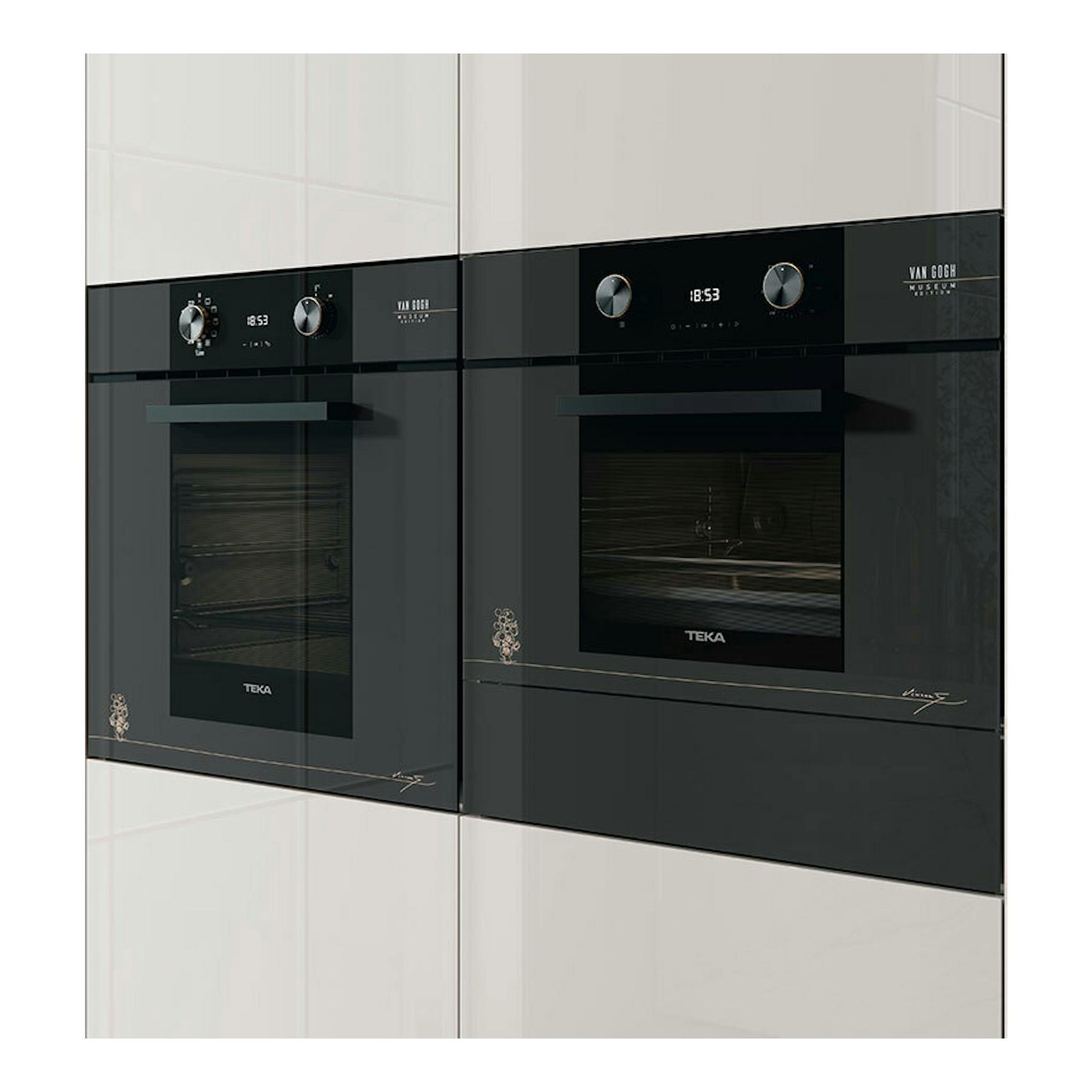 Horno empotrado Teka HLB84VGOGH P en cristal gris, vista frontal, panel negro con dos mandos.