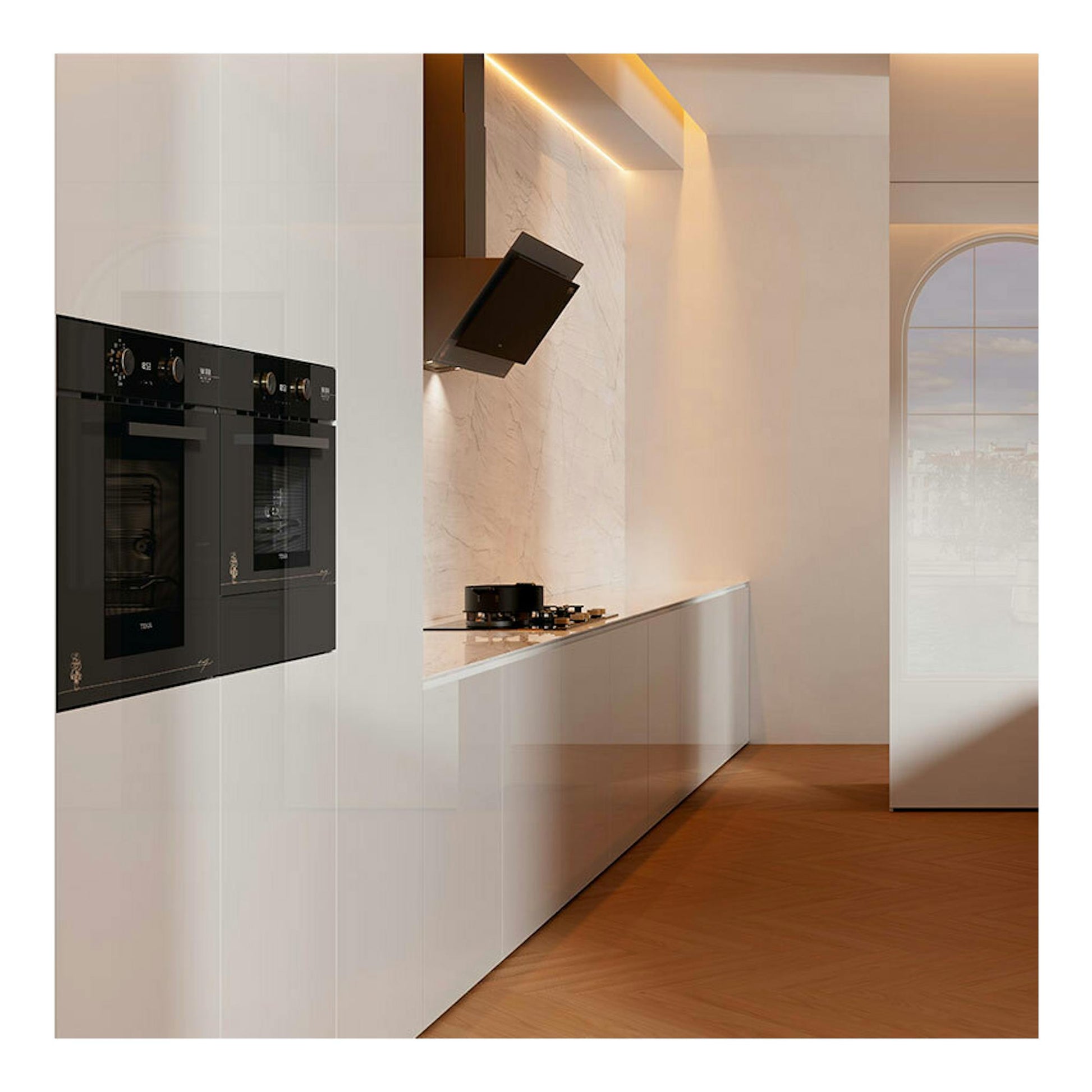 Horno empotrado Teka HLB84VGOGH P, frontal, cristal gris y negro, integrado en cocina moderna.