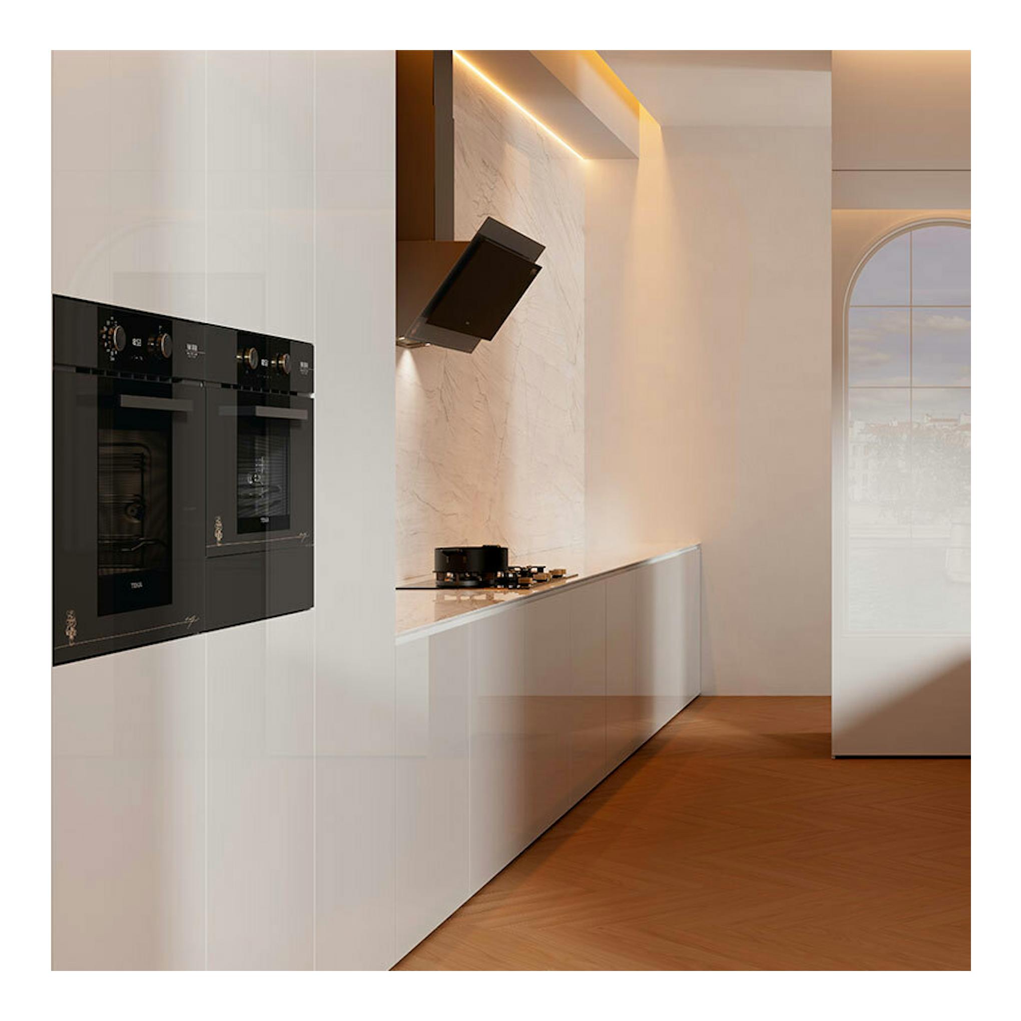 Horno empotrado Teka HLB84VGOGH P, frontal, cristal gris y negro, integrado en cocina moderna.