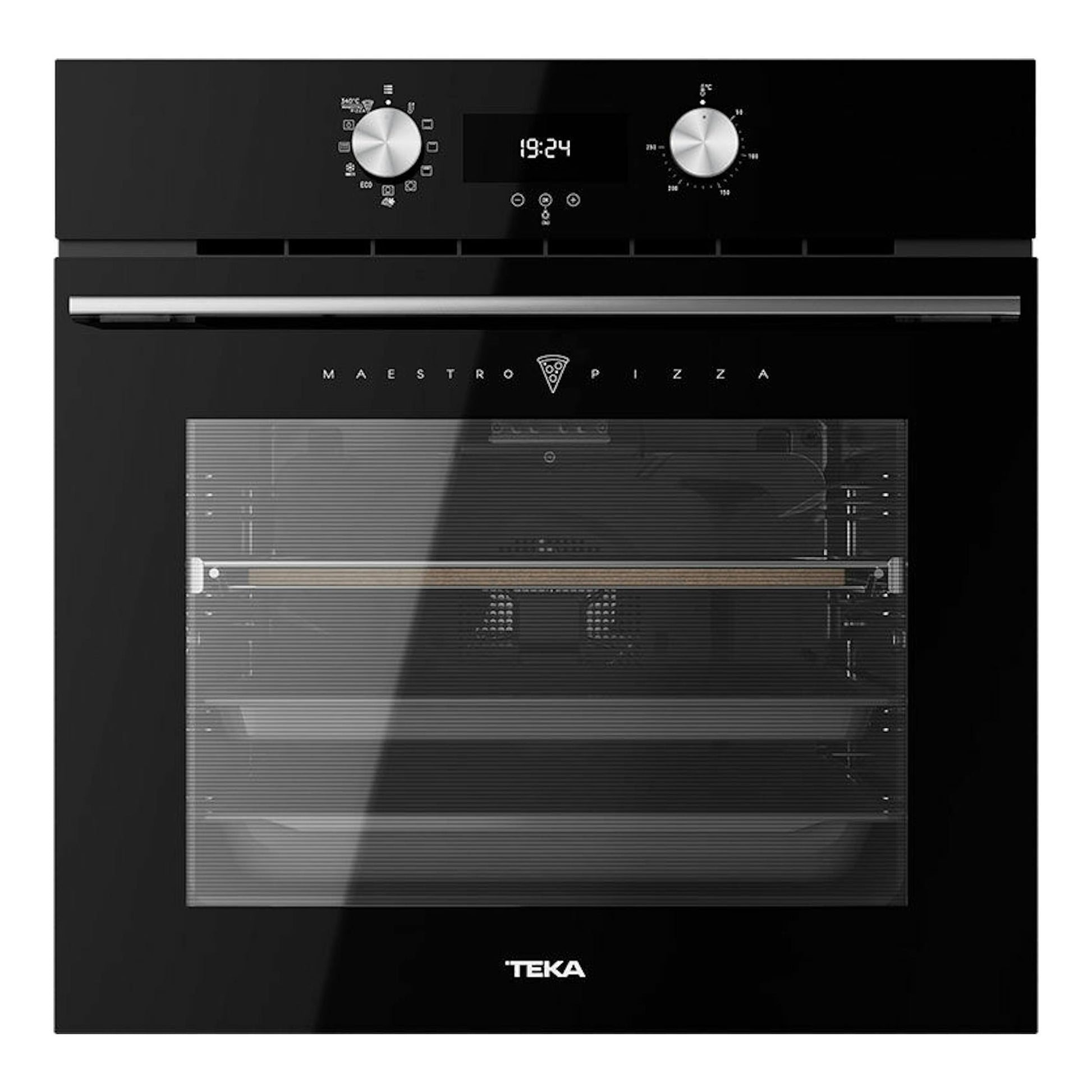Horno empotrable Teka HLB8510P BK negro, vista frontal con dos mandos y pantalla digital.