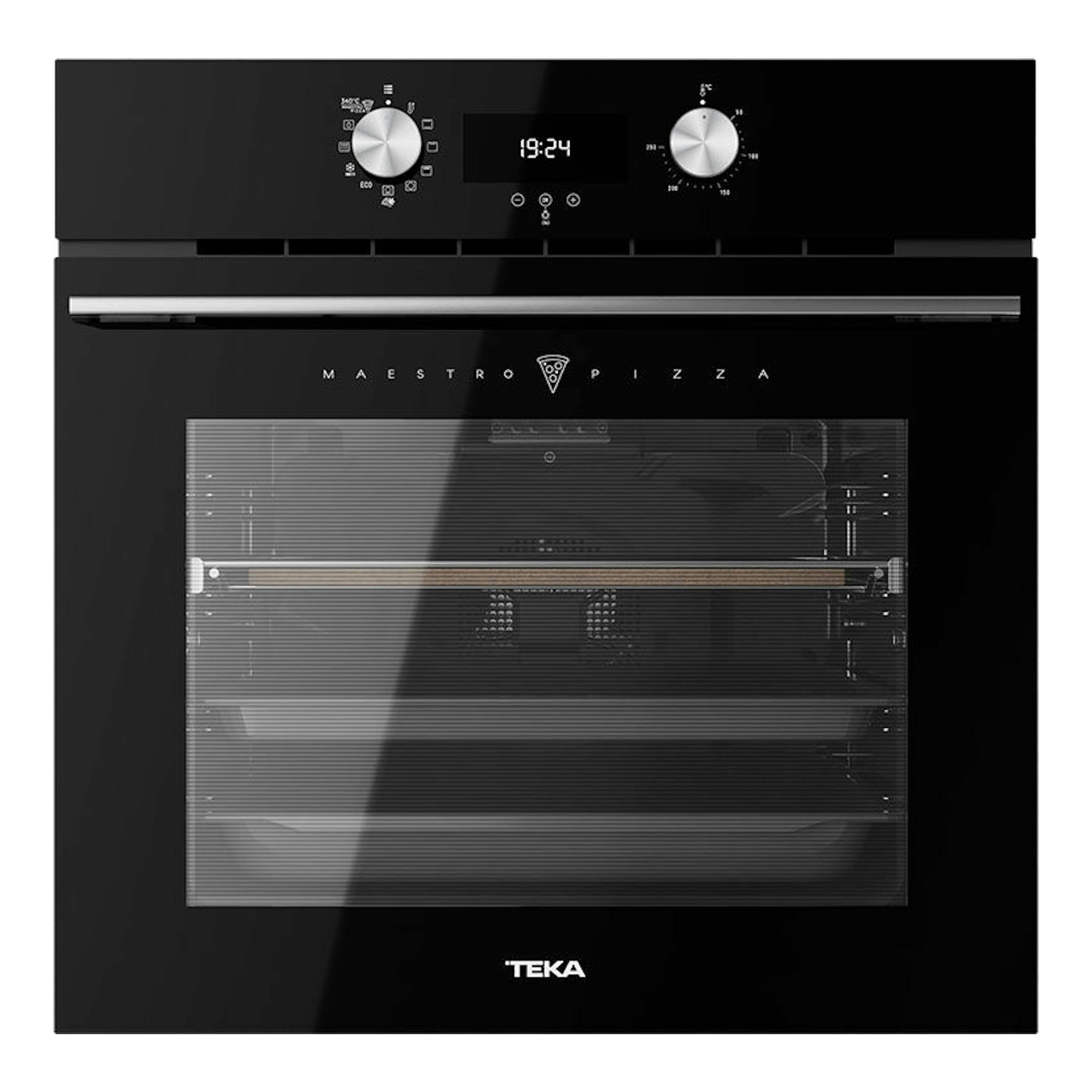Horno empotrable Teka HLB8510P BK negro, vista frontal con dos mandos y pantalla digital.