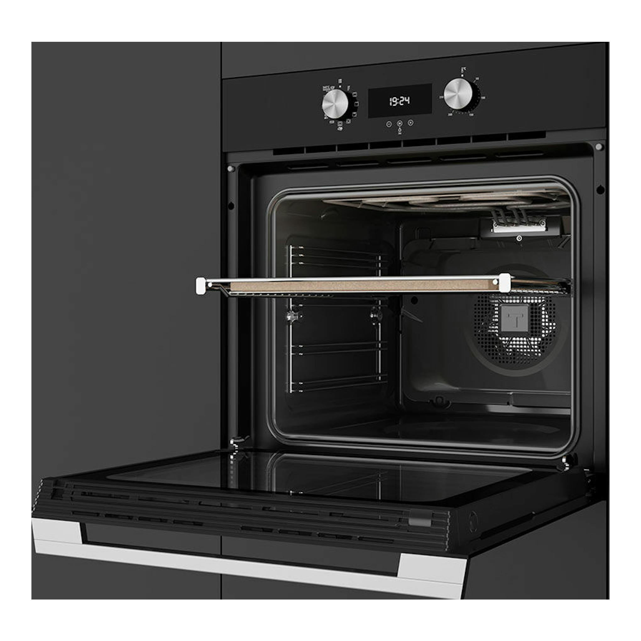 Horno Teka HLB8510P BK negro, vista frontal con puerta abatible abierta e interior visible.