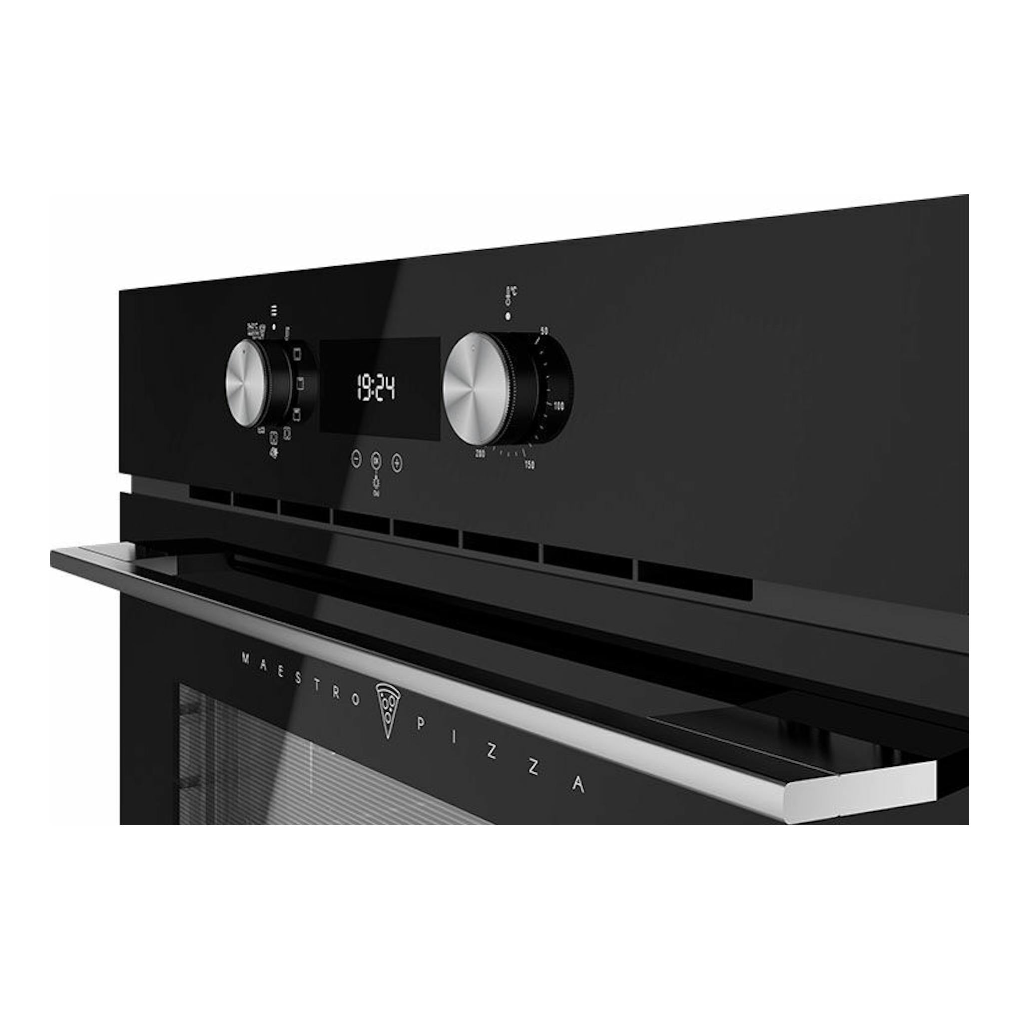 Horno Teka HLB8510P BK negro, vista frontal ligeramente en ángulo, con puerta abatida y panel digital.