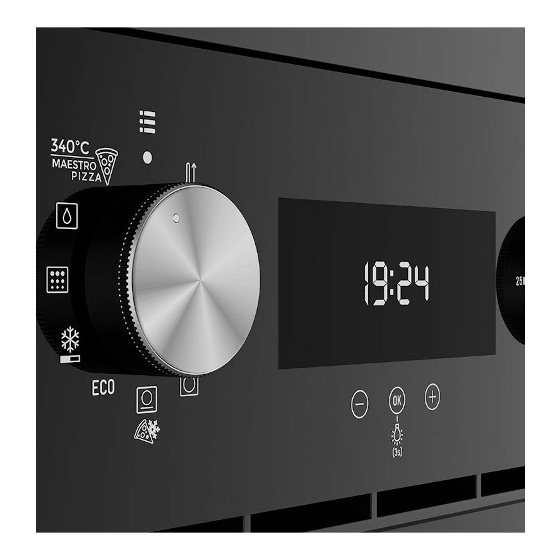 Panel frontal de horno Teka HLB8510P BK negro, con mando plateado, pantalla digital y reloj 19:24.