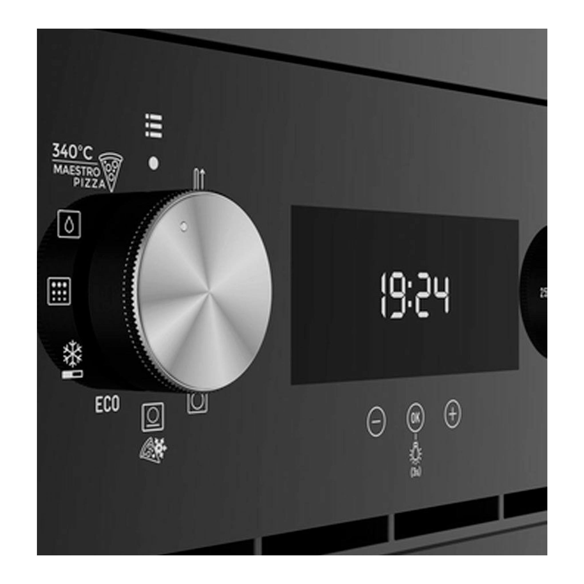 Horno Teka HLB8510P BK negro, primer plano frontal del panel de control con mando y pantalla digital.