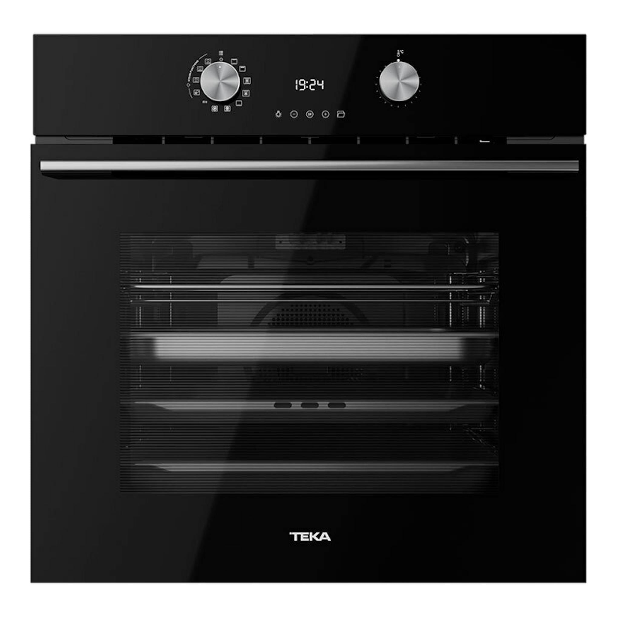 Horno Teka HLB8550 de cristal negro, vista frontal, con dos mandos, display digital y puerta de vidrio.