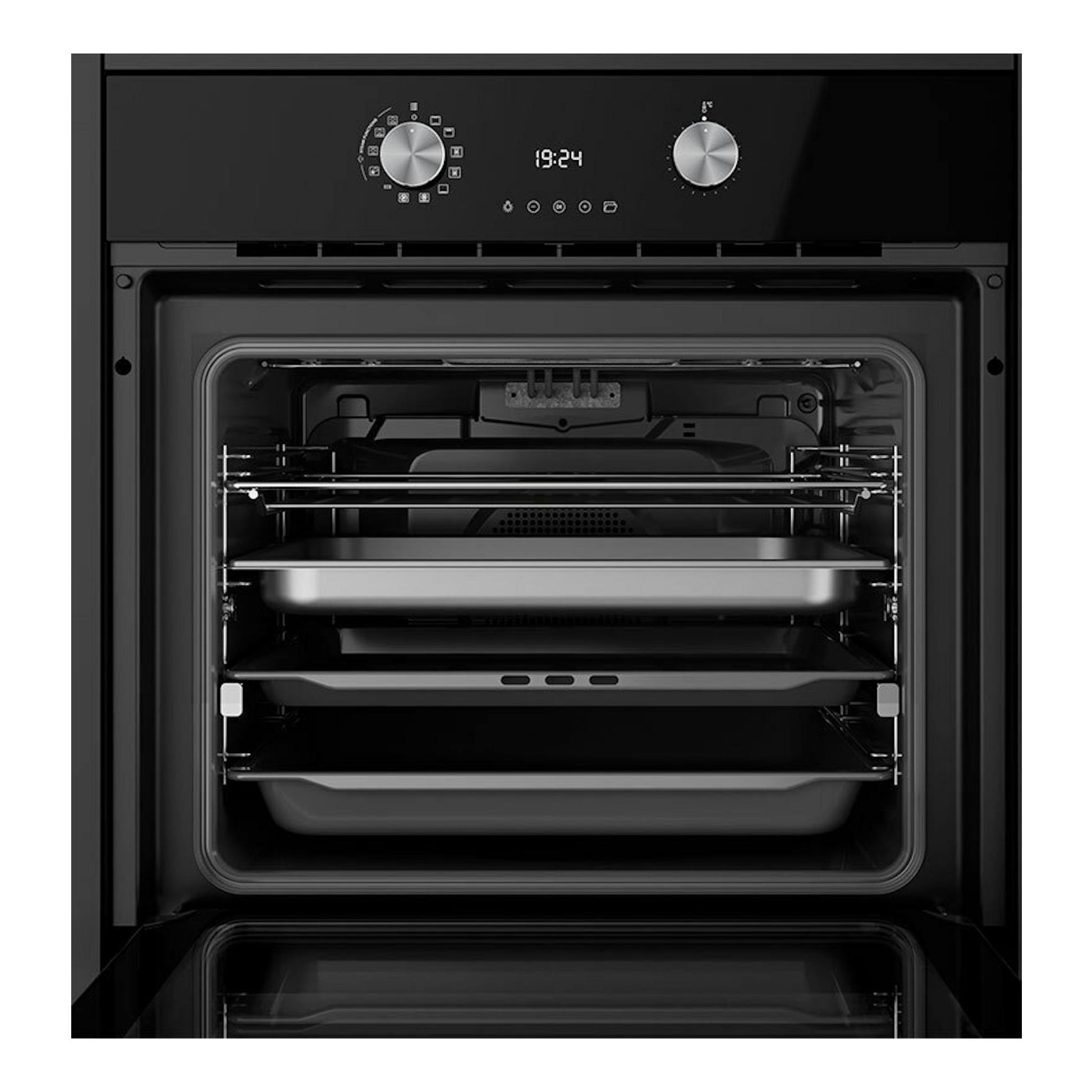 Horno Teka HLB8550 de cristal negro, vista frontal con puerta abierta, dos mandos y display digital.