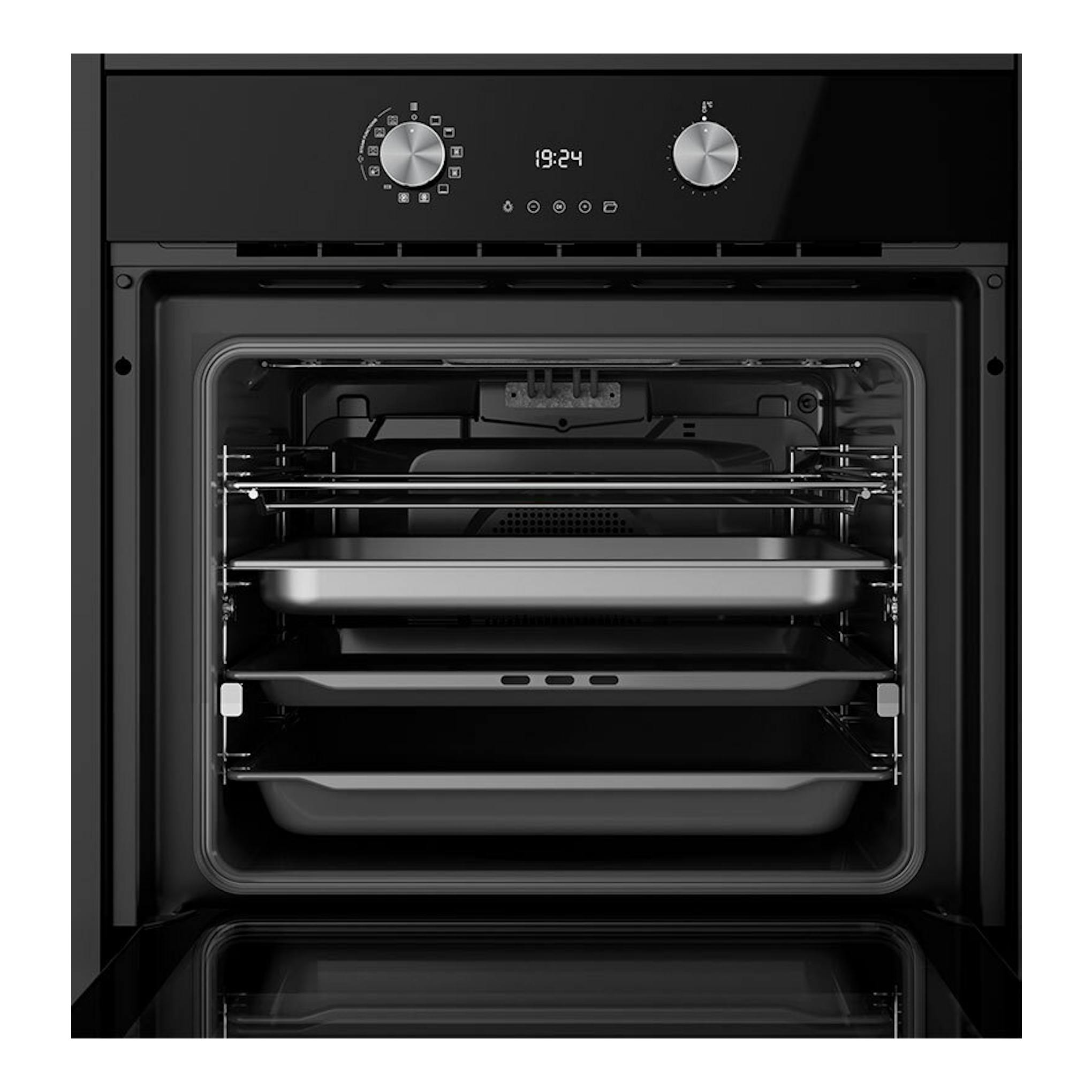 Horno Teka HLB8550 de cristal negro, vista frontal con puerta abierta, dos mandos y display digital.