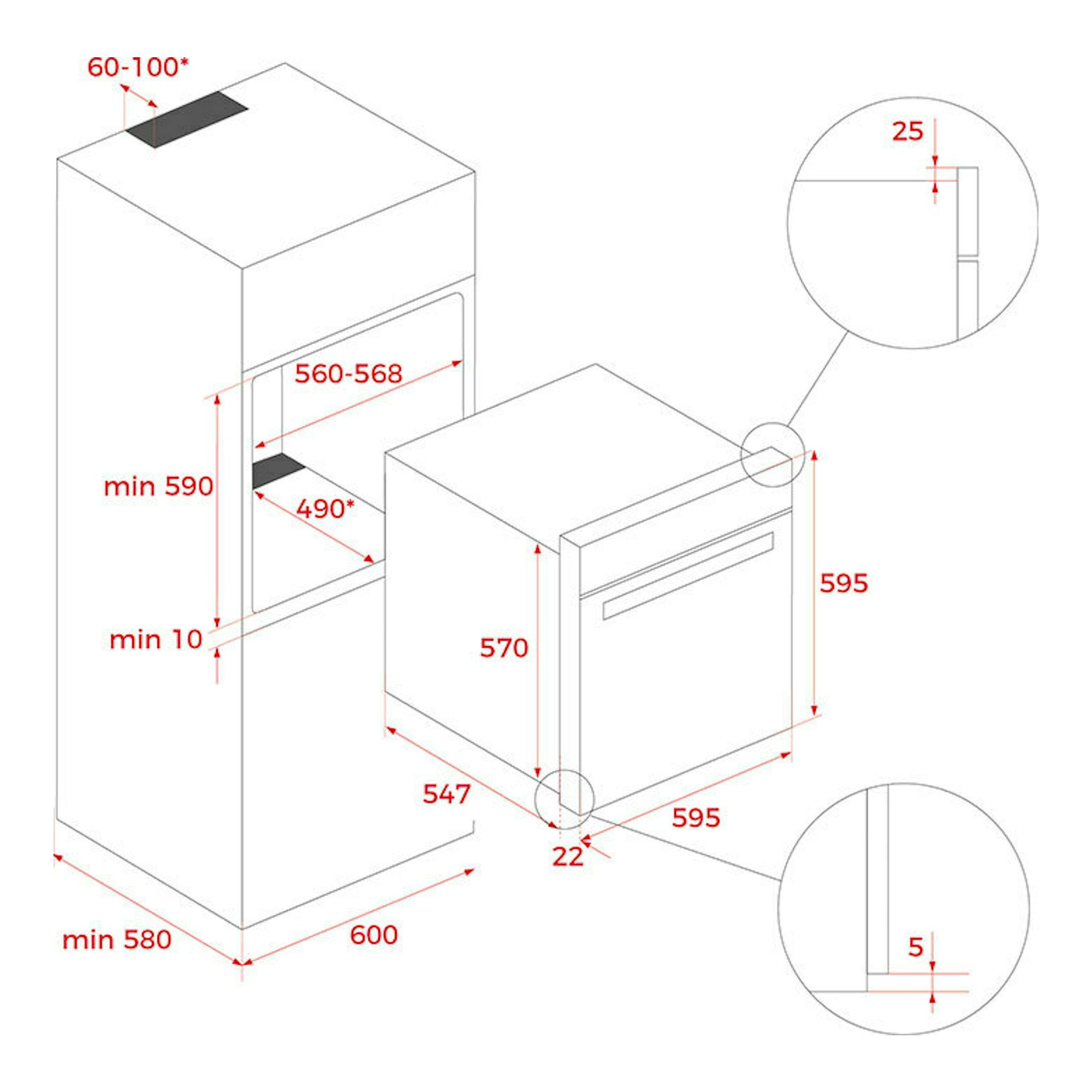 Diagrama isométrico del horno Teka HLB8550, cristal negro, con medidas de instalación.