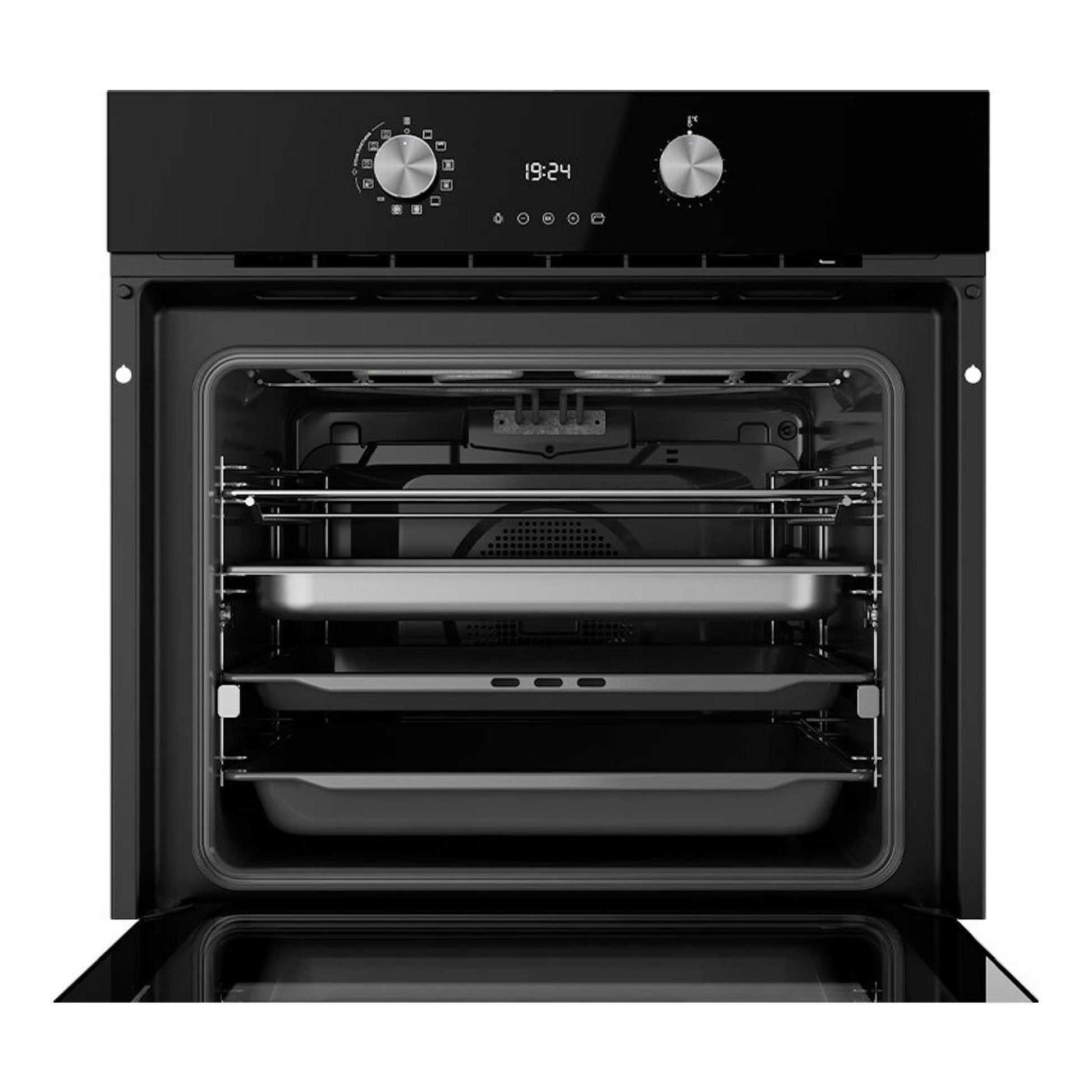 Horno Teka HLB8550 de cristal negro, vista frontal con puerta abierta e interior visible.