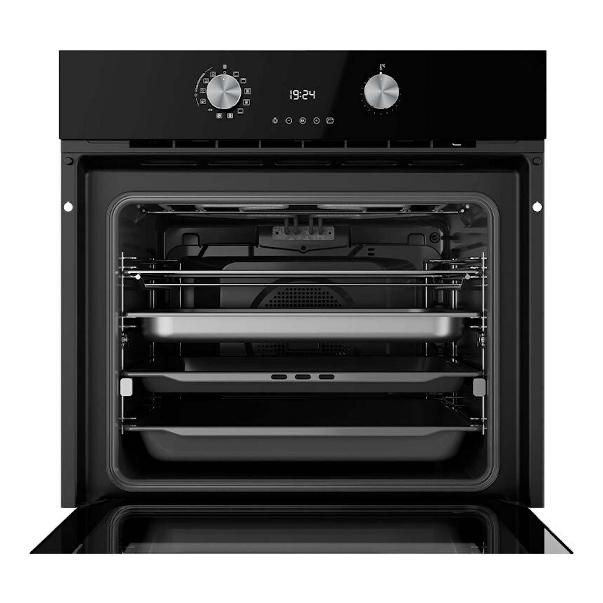 Horno Teka HLB8550 de cristal negro, vista frontal con puerta abierta e interior visible.