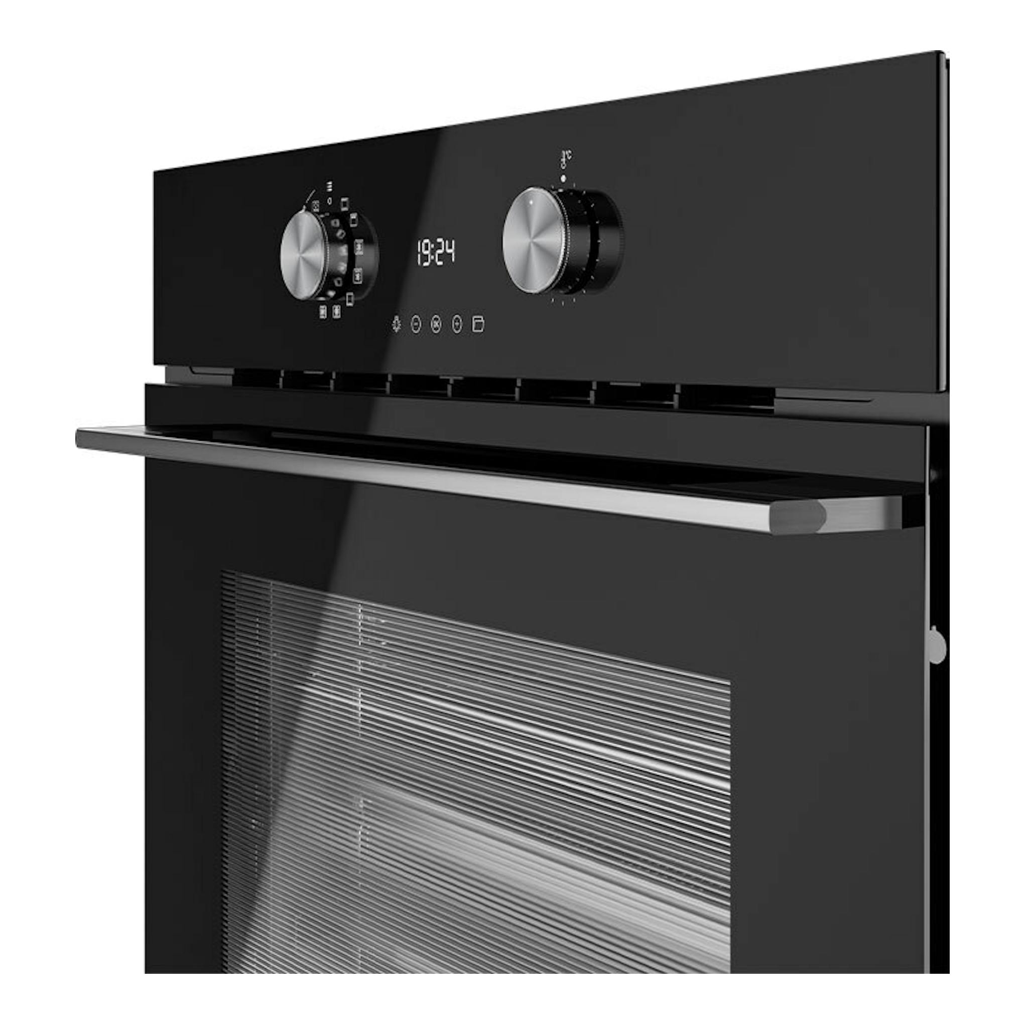 Horno Teka HLB8550 de cristal negro, vista frontal en ángulo, con dos mandos y display digital.