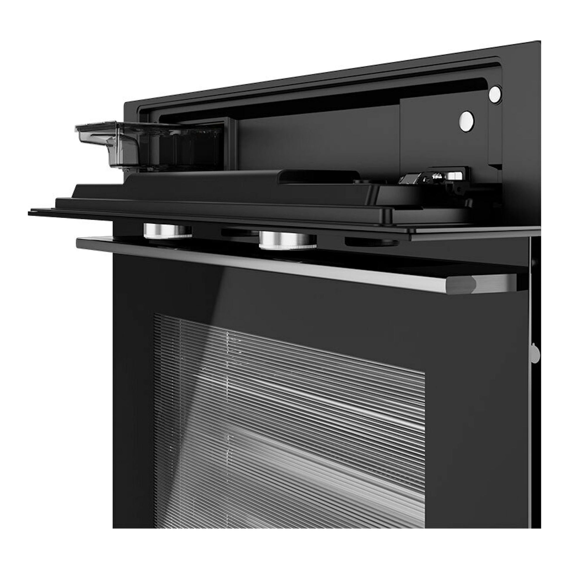 Horno Teka HLB8550 de cristal negro, vista frontal en ángulo con puerta abatible abierta.
